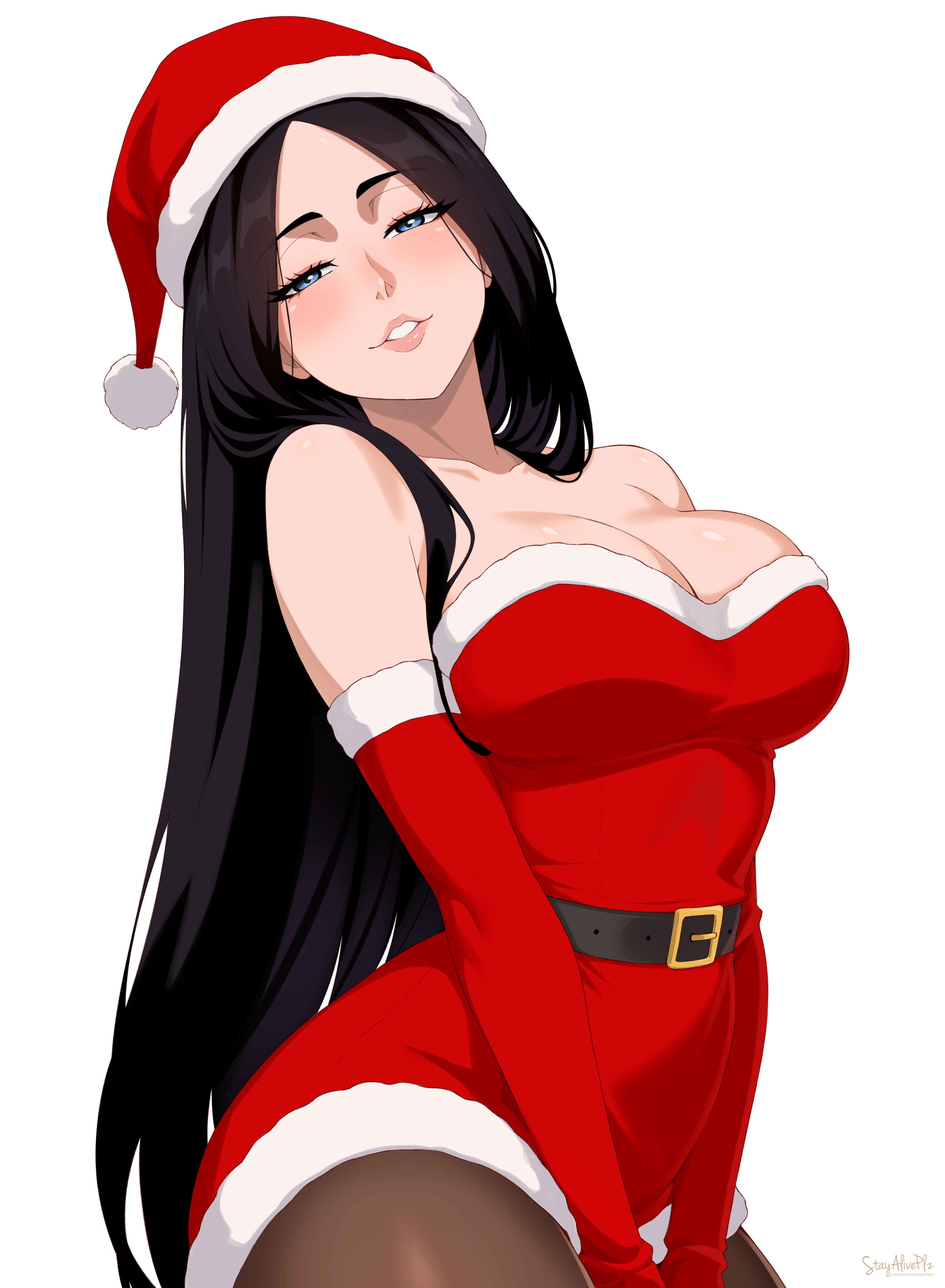 stayaliveplz, unohana retsu, bleach, highres, 1girl, 2025, bare shoulders, belt, black hair, breasts, christmas, collarbone, elbow gloves, female focus, fur trim, gloves, hair down, hat, large breasts, light blush, lips, long hair, looking at viewer, pantyhose, parted bangs, parted lips, santa hat, simple background, teeth, white background
