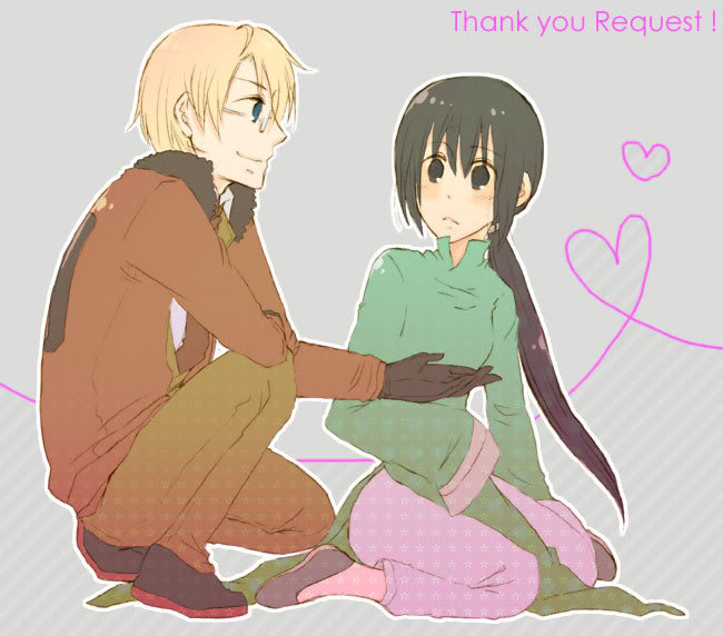 america (hetalia), vietnam (hetalia), axis powers hetalia, tagme, 00s, black eyes, black hair, blonde hair, blue eyes, eye contact, looking at another