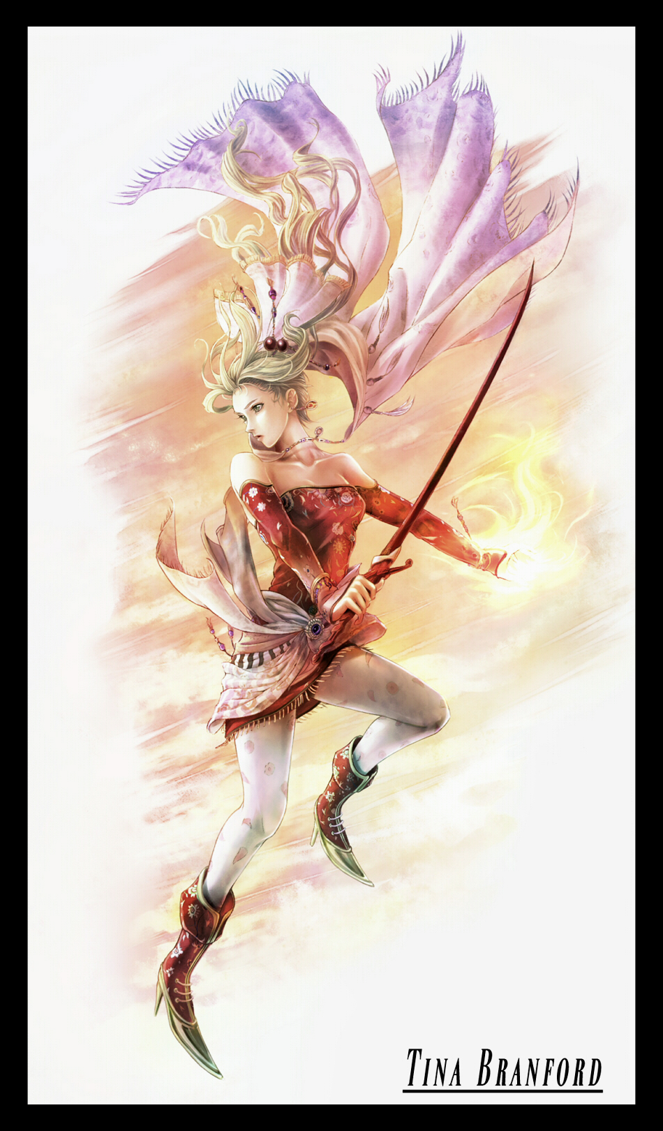 yokoama (pixiv1383525), yokoten, tina branford, final fantasy, final fantasy vi, highres, 1990s (style), 1girl, bare shoulders, blonde hair, blue eyes, boots, bow, breasts, cape, detached sleeves, dress, earrings, elbow gloves, female focus, fire, full body, gloves, hair ornament, hair ribbon, high heels, jewelry, long hair, magic, pantyhose, ponytail, ribbon, shoes, solo, strapless, strapless dress, sword, weapon, yellow eyes