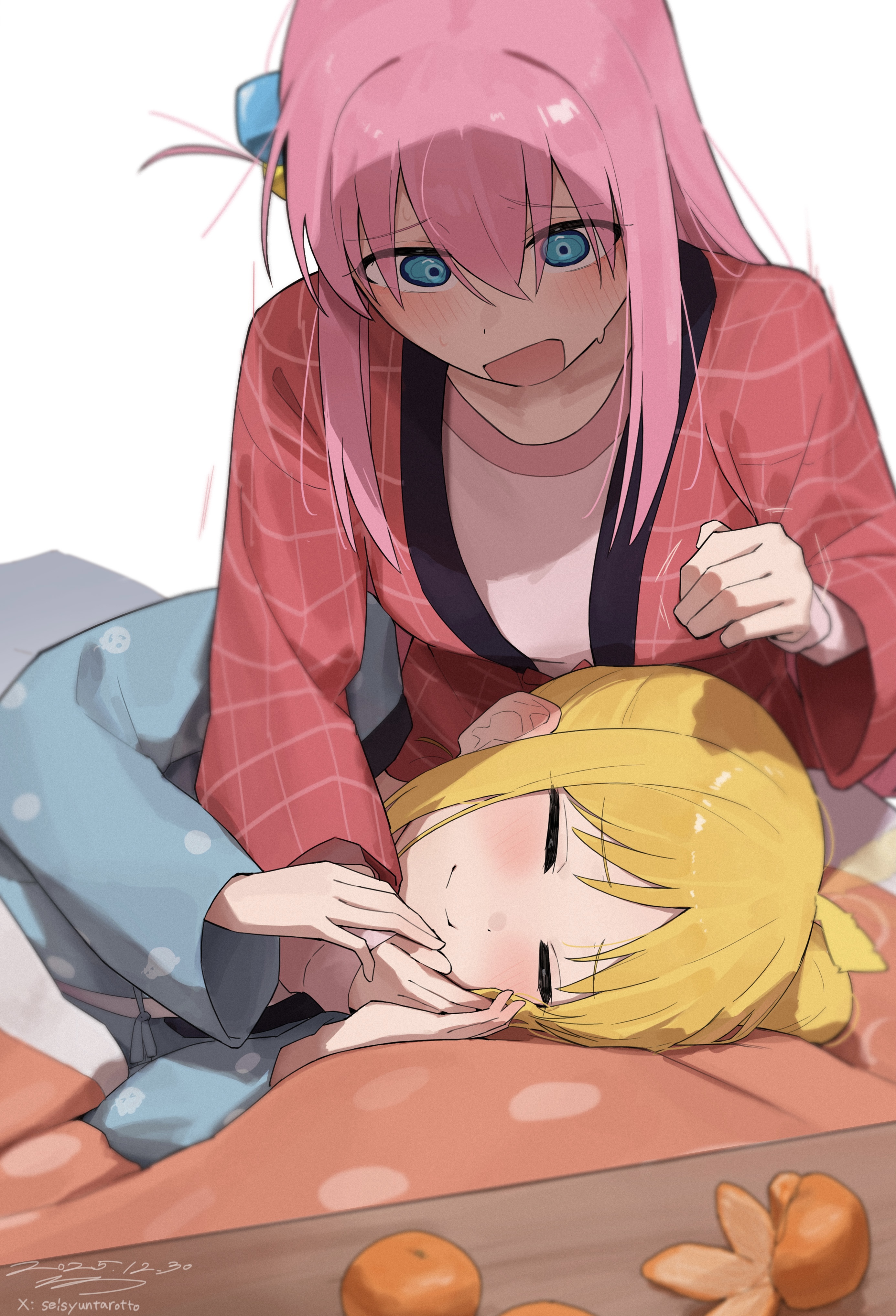 seisyuntarotto, gotoh hitori, ijichi nijika, bocchi the rock!, absurdres, commentary request, highres, 2girls, ahoge, blonde hair, blue shirt, blush, closed eyes, closed mouth, cube hair ornament, food, fruit, hair between eyes, hair ornament, hand up, long hair, long sleeves, lying, mandarin orange, multiple girls, on side, one side up, open mouth, pink hair, shirt, sidelocks, signature, simple background, smile, sweatdrop, twitter username, white background