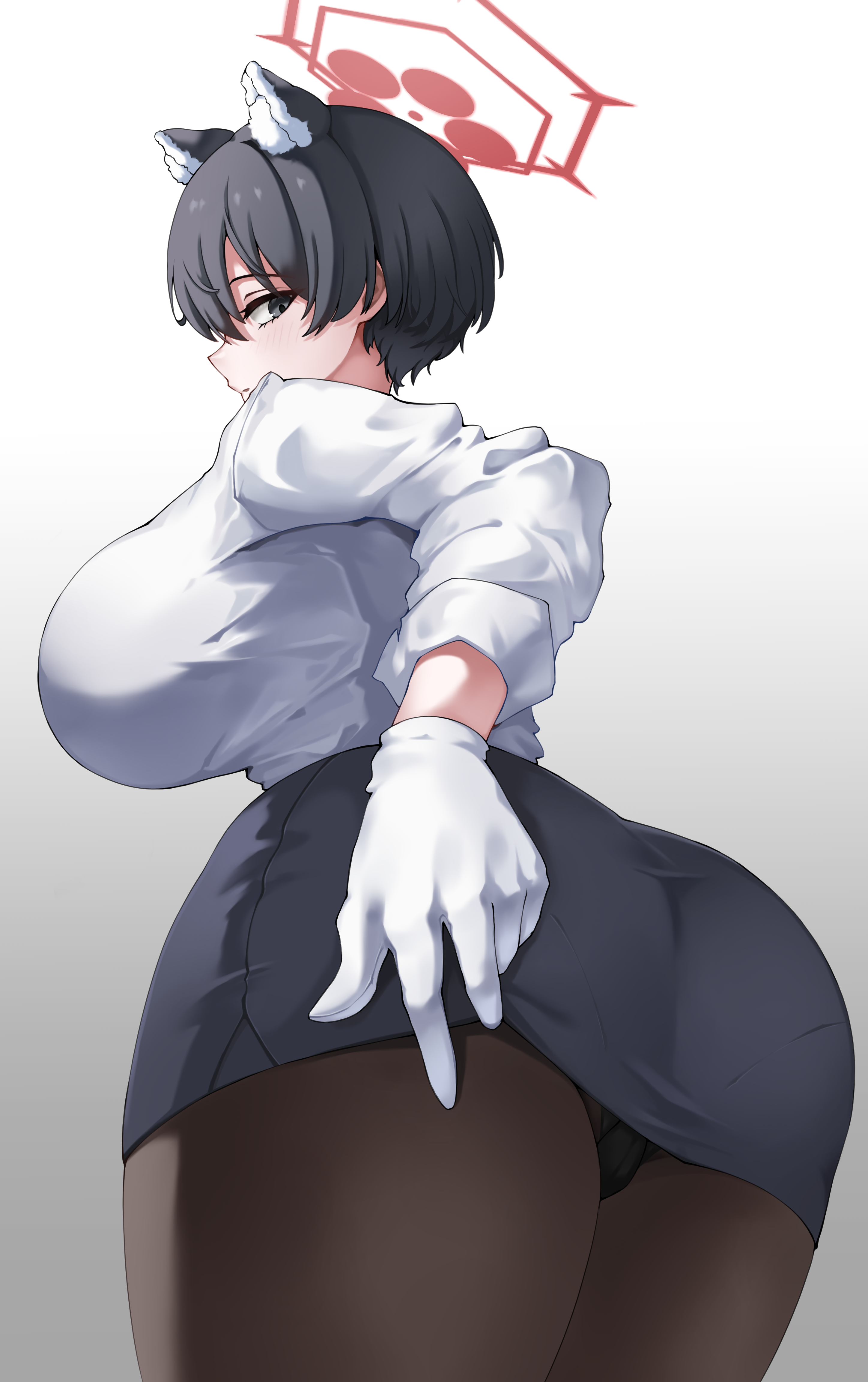 beetleasd, tsubaki (blue archive), tsubaki (guide) (blue archive), blue archive, absurdres, commentary request, highres, 1girl, animal ear fluff, animal ears, black eyes, black hair, black panties, black pantyhose, black skirt, breasts, cowboy shot, from behind, gloves, gradient background, halo, huge breasts, long sleeves, looking at viewer, looking back, official alternate costume, panties, pantyhose, pencil skirt, raccoon ears, raccoon girl, red halo, shirt, short hair, skirt, solo, tour guide, underwear, undressing, white gloves, white shirt