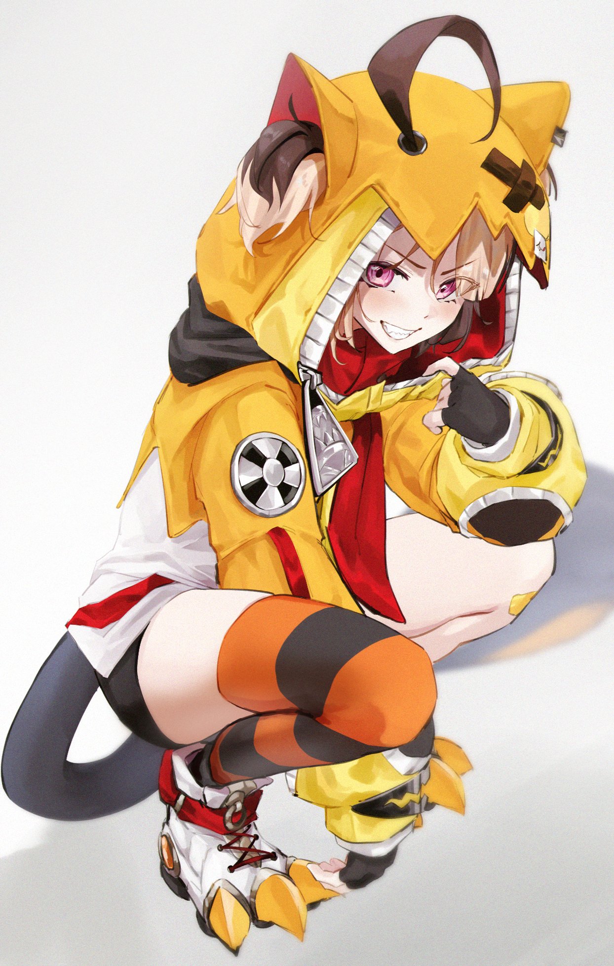 yuq ui, gigi murin, hololive, hololive english, highres, 1girl, black gloves, black thighhighs, brown hair, fingerless gloves, gloves, grey background, hair between eyes, hood, hoodie, looking at viewer, medium hair, multicolored hair, multicolored thighhighs, orange thighhighs, pink eyes, single thighhigh, solo, squatting, striped clothes, striped thighhighs, thighhighs, thighs, two-tone hair, two-tone thighhighs, yellow hoodie