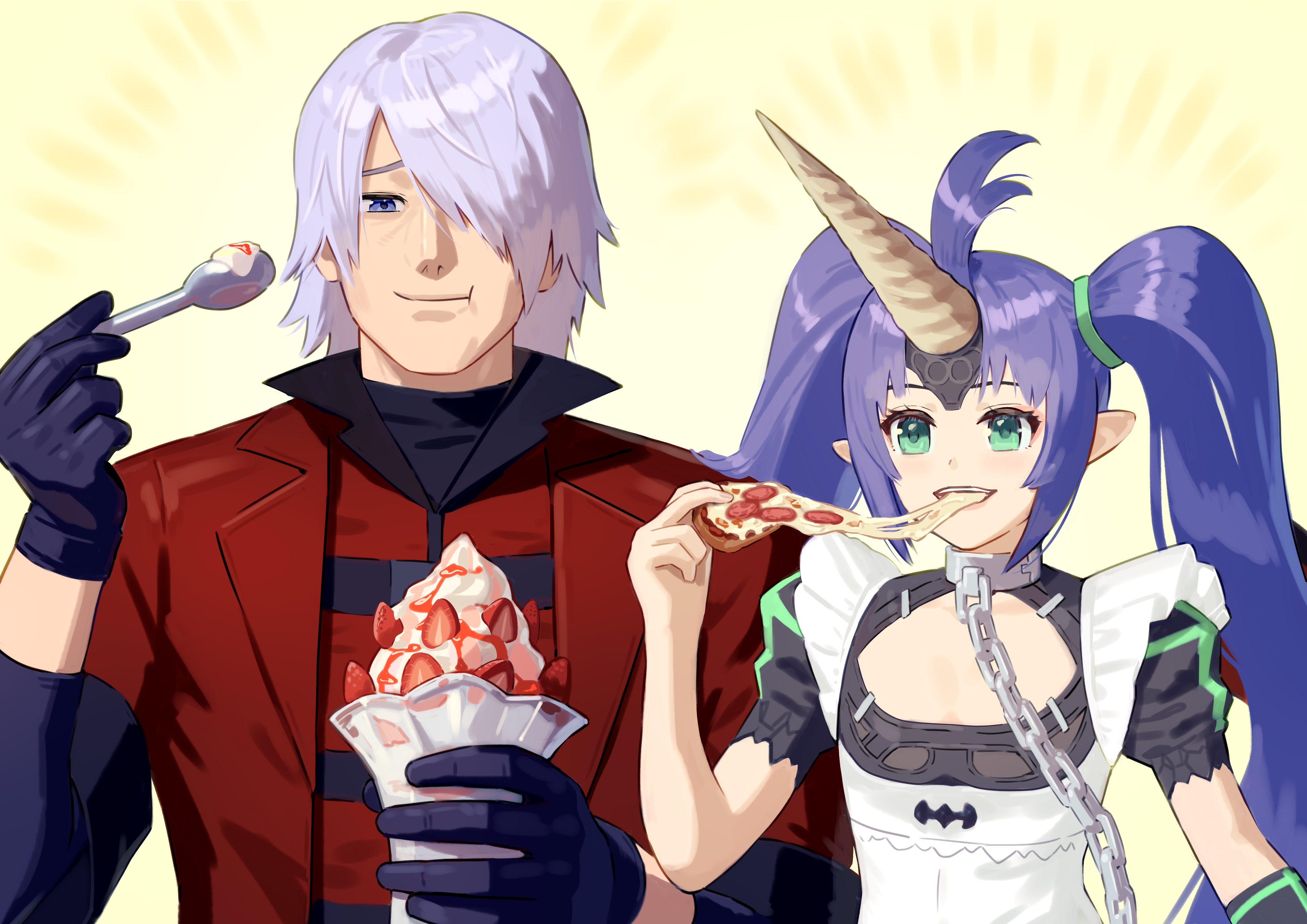 yagi2013, beelzebub (the seven deadly sins), dante (devil may cry), devil may cry (anime), devil may cry (series), the seven deadly sins, absurdres, commission, commissioner upload, highres, skeb commission, 1boy, 1girl, ahoge, apron, black gloves, blue eyes, chain, coat, crossover, demon girl, demon wings, eating, food, gloves, green eyes, grey hair, happy, horns, ice cream, parfait, pepperoni, pepperoni pizza, pizza, pointy ears, purple hair, red coat, single horn, species connection, strawberry parfait, sundae, twintails, wings