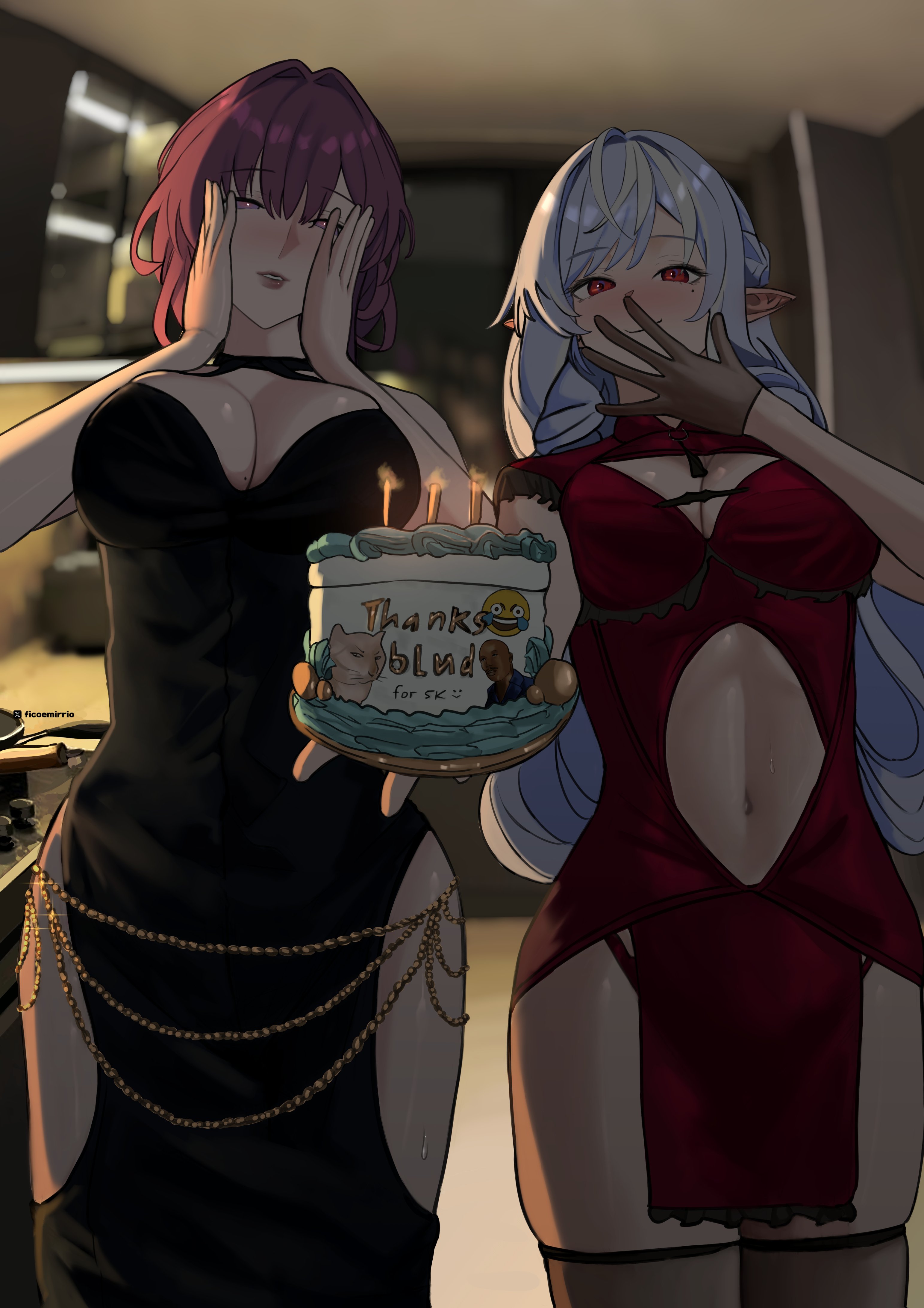 51325, kafka (honkai: star rail), vivian banshee, honkai: star rail, honkai (series), mihoyo, zenless zone zero, absurdres, highres, 2girls, alternate costume, black dress, blue hair, blush, breasts, clothing cutout, dress, large breasts, long hair, looking at viewer, mole, mole under eye, multiple girls, purple eyes, purple hair, red dress, red eyes, smile