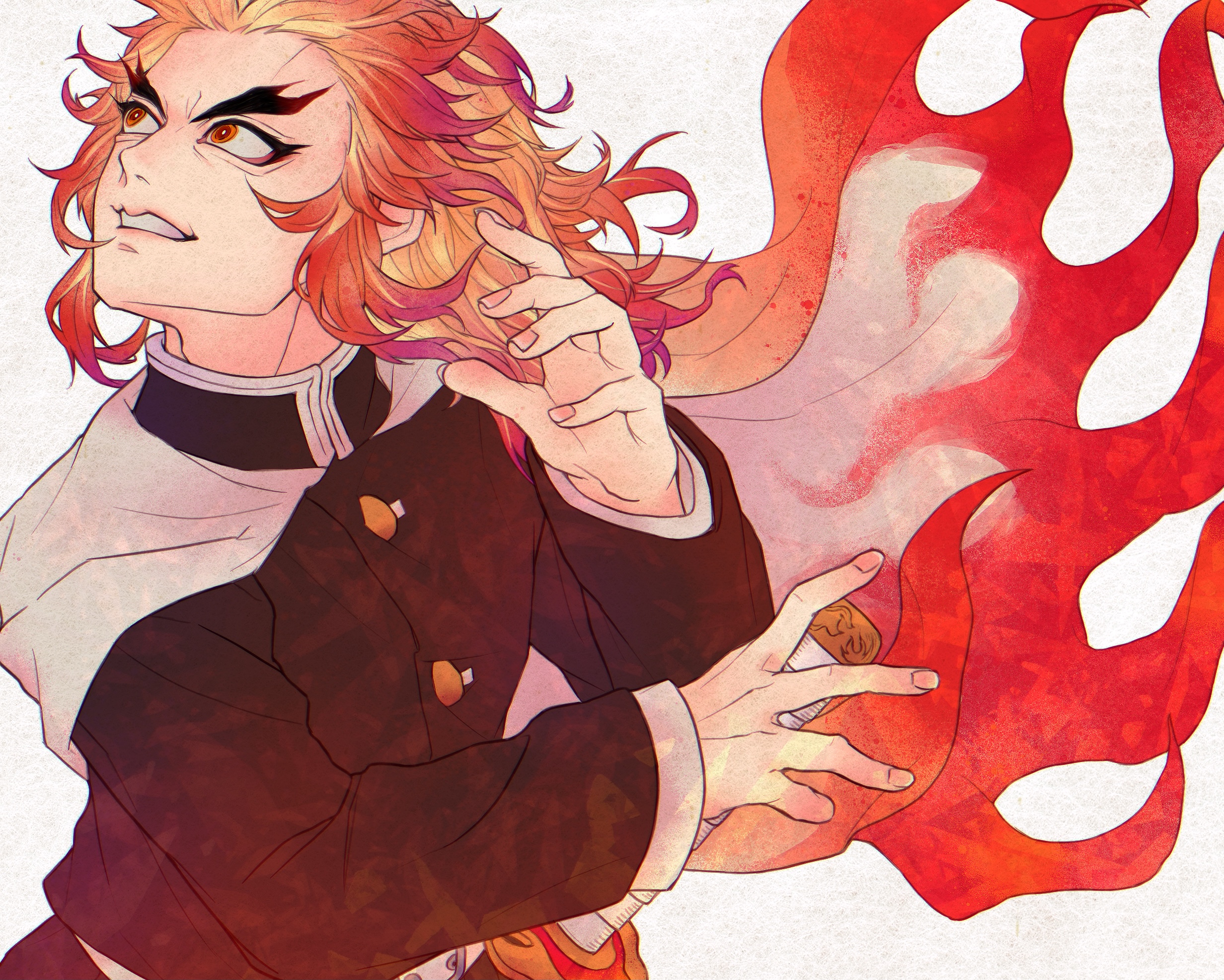 okubatomaeba, rengoku kyoujurou, kimetsu no yaiba, commentary, highres, 1boy, black jacket, blonde hair, cape, clenched teeth, demon slayer uniform, forked eyebrows, grey cape, hands up, jacket, long hair, long sleeves, looking up, male focus, multicolored hair, red cape, red eyes, red hair, simple background, solo, teeth, two-tone cape, two-tone hair, upper body, white background