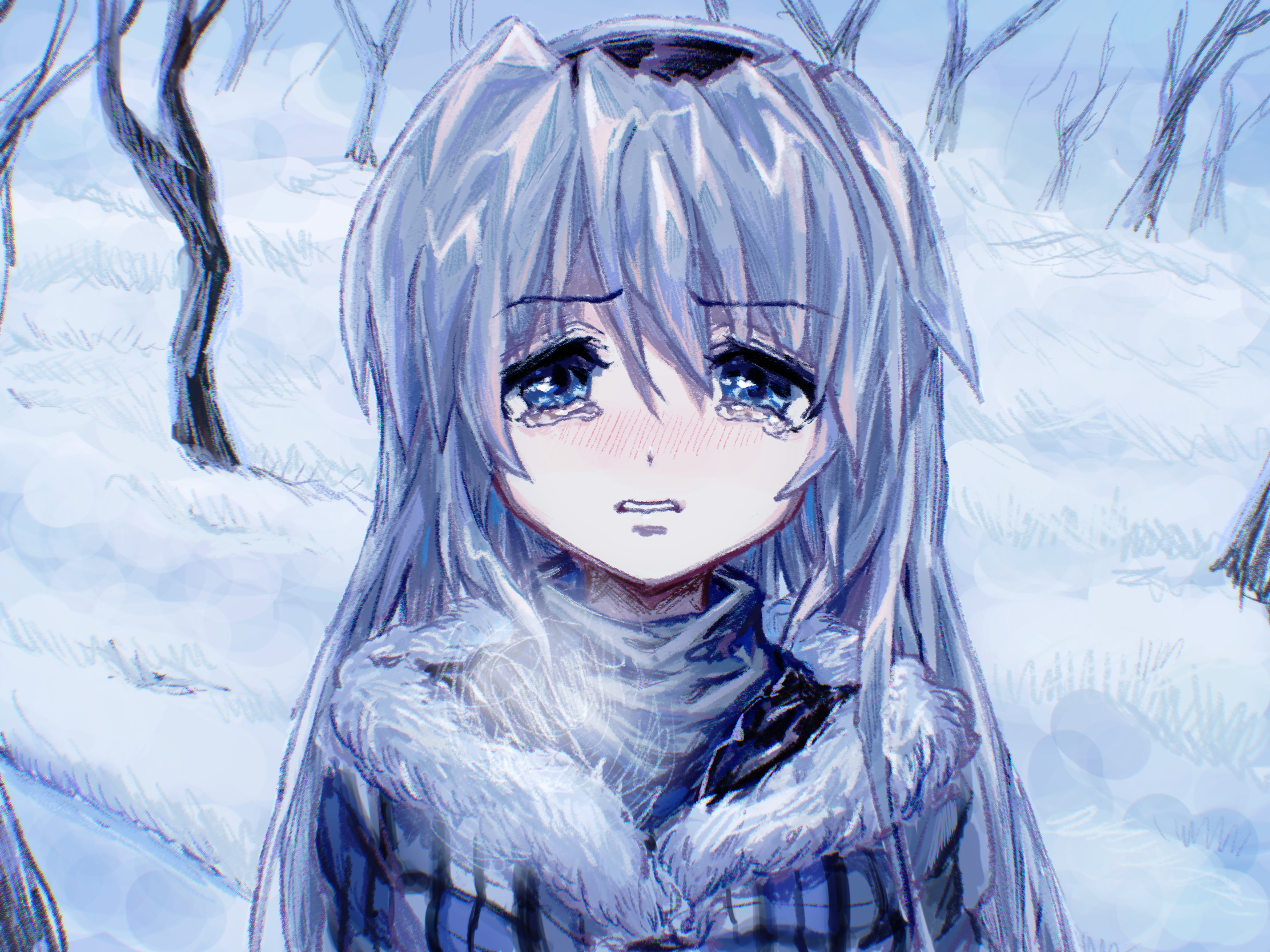 okubatomaeba, sakagami tomoyo, clannad, commentary, highres, 1girl, bare tree, black hairband, blue coat, blue eyes, blush, breath, choppy bangs, coat, day, fur-trimmed coat, fur trim, grey hair, hairband, long hair, looking at viewer, outdoors, parted lips, portrait, raised inner eyebrows, snow, solo, straight-on, tearing up, tree, winter