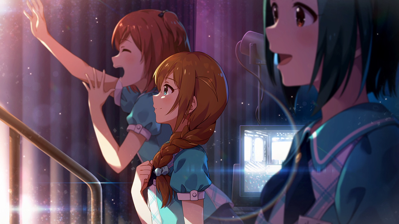 aoba misaki, baba konomi, otonashi kotori, idolmaster, idolmaster million live!, idolmaster million live! theater days, commentary request, game cg, official art, third-party source, 3girls, aqua shirt, backstage, blurry, blurry foreground, braid, brown hair, closed mouth, curtains, from side, hair over shoulder, hand up, lens, light particles, long hair, monitor, multiple girls, profile, shirt, short sleeves, single braid, stage curtains