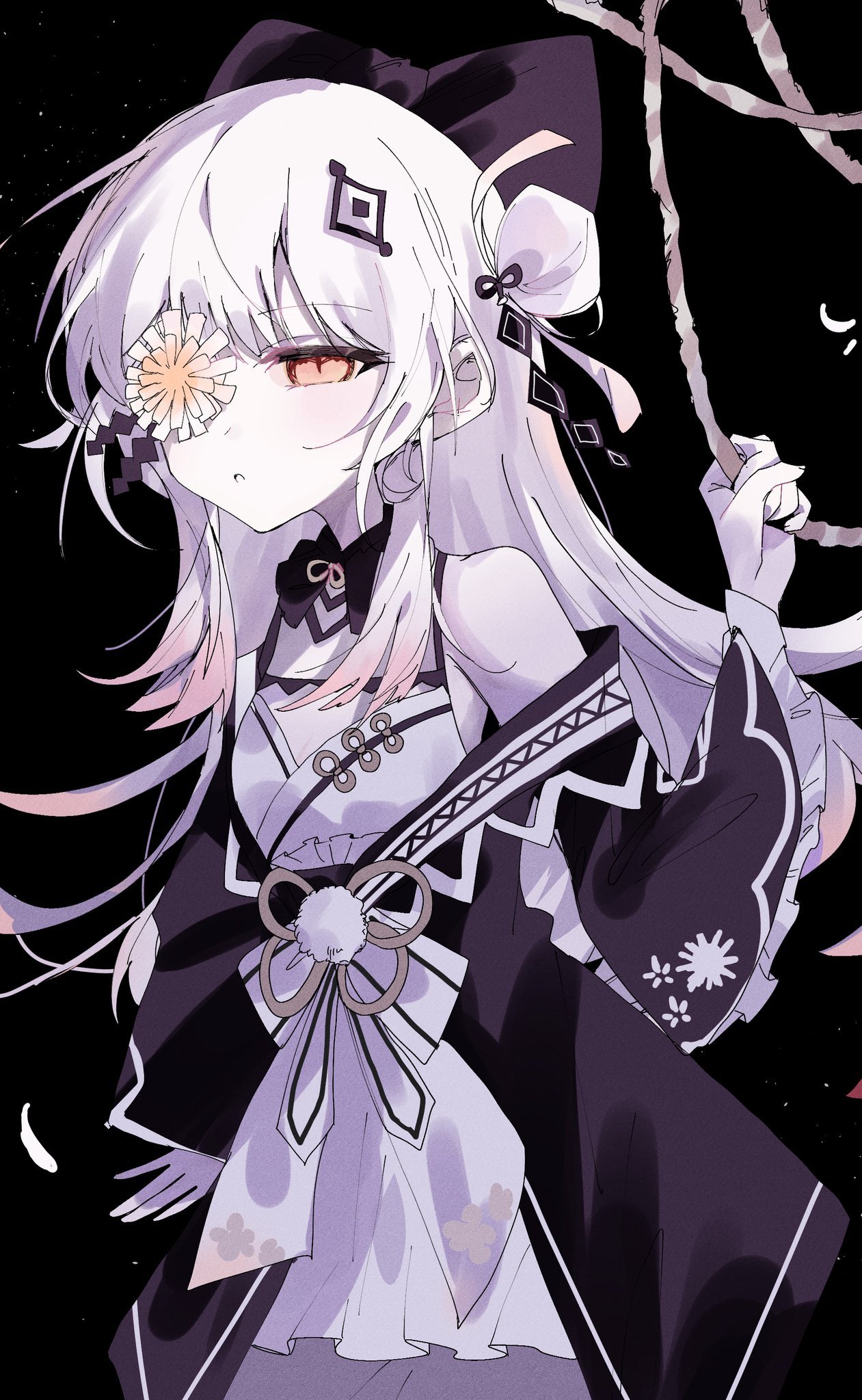 highres, 1girl, black background, flower in eye, flower ornament, frilled sleeves, frills, hair ornament, harumaking, holding, holding rope, japanese clothes, lolita fashion, long hair, magical girl, mahou shoujo no inshuu mura, orange eyes, petals, rope, symbol in eye, wa lolita, watanuki sakuya (manomura), white hair