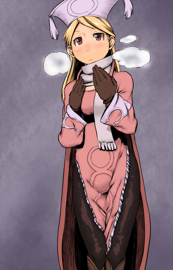 tsukudani (coke-buta), orator (fft), final fantasy, final fantasy tactics, bad id, bad pixiv id, 1girl, blonde hair, blush, breath, cape, dress, female focus, gloves, hat, long hair, pantyhose, red eyes, scarf, solo