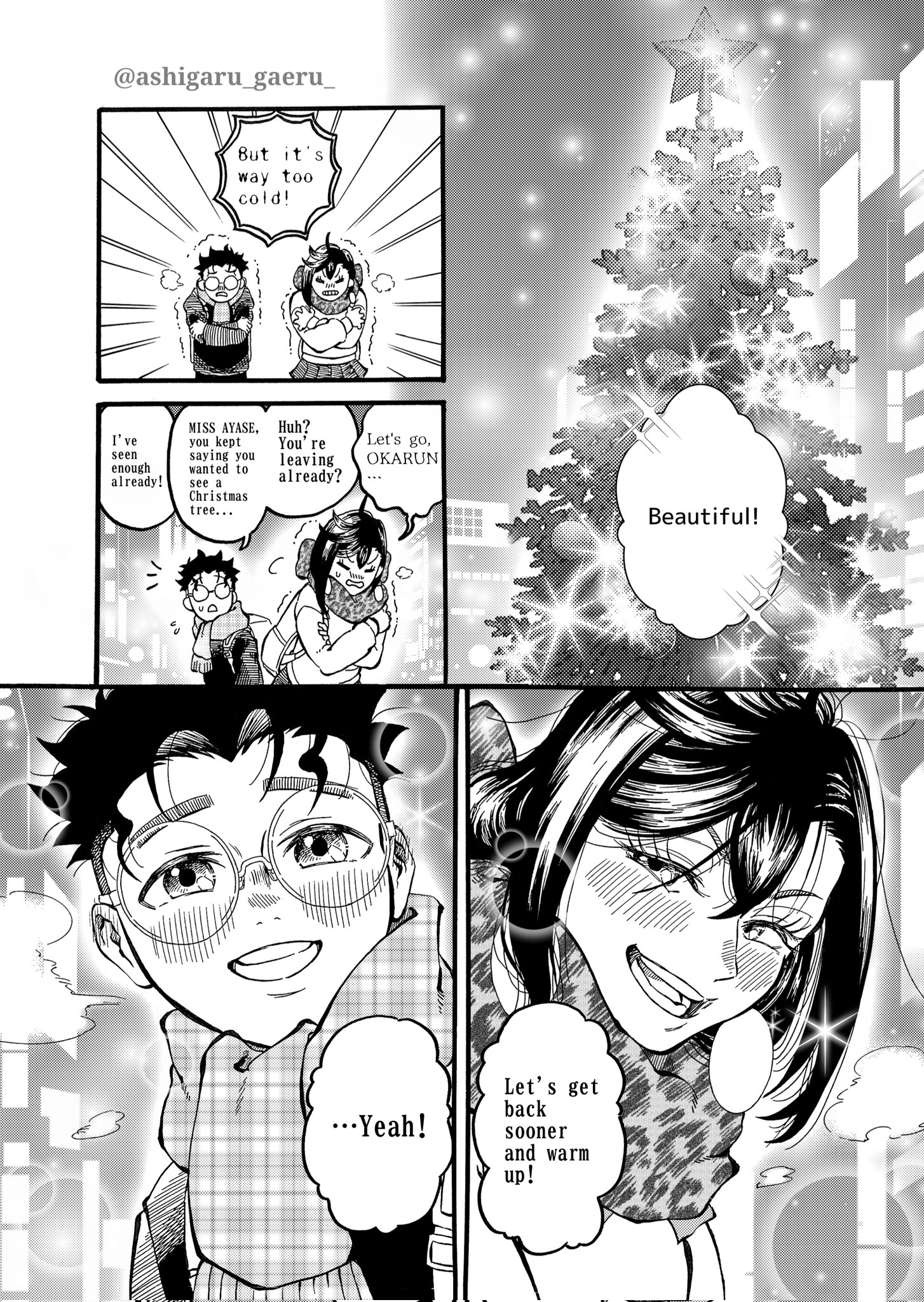 ayase momo, takakura ken (dandadan), dandadan, highres, 1boy, 1girl, ashigaru-san, blush, christmas, christmas ornaments, christmas tree, cold, crossed arms, earrings, english text, glasses, greyscale, jewelry, looking at another, monochrome, open mouth, parted bangs, plaid clothes, plaid scarf, pleated skirt, round eyewear, scarf, screentones, short hair, skirt, smile, sparkle, trembling, twitter username, winter clothes