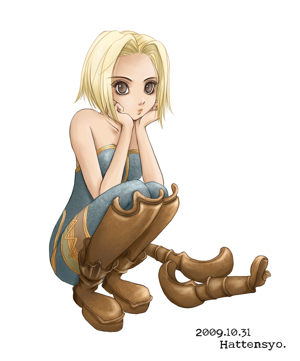 enushi (3 7 1), hattensyo, monk (fft), final fantasy, final fantasy tactics, highres, 1girl, bare shoulders, blonde hair, boots, brass knuckles, breasts, brown eyes, catsuit, female focus, full body, gauntlets, monk, pout, short hair, solo, squatting, unitard, weapon, white background