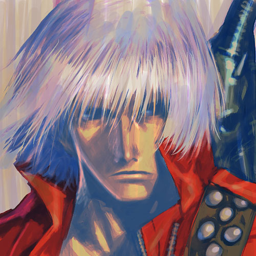 sakamoto mineji, dante (devil may cry), capcom, devil may cry (series), devil may cry 3, lowres, 00s, 1boy, portrait, white hair