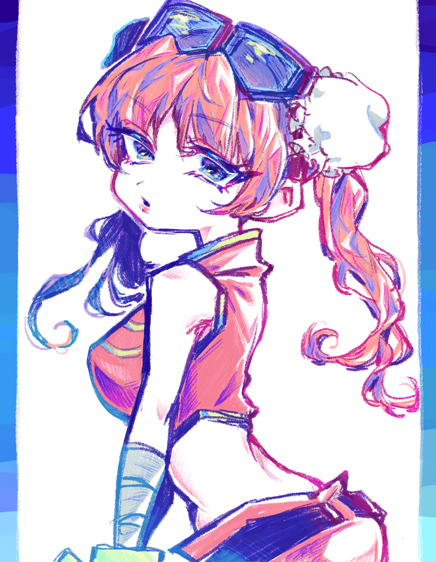 okubatomaeba, kagura (gintama), gintama, commentary request, highres, 1girl, arched back, bandaged arm, bandages, blue eyes, breasts, bun cover, cowboy shot, cropped shirt, double bun, eyewear on head, from side, hair bun, large breasts, long hair, looking at viewer, orange hair, parted bangs, parted lips, pillarboxed, red shirt, shirt, sleeveless, sleeveless shirt, solo, sunglasses, twintails, white background