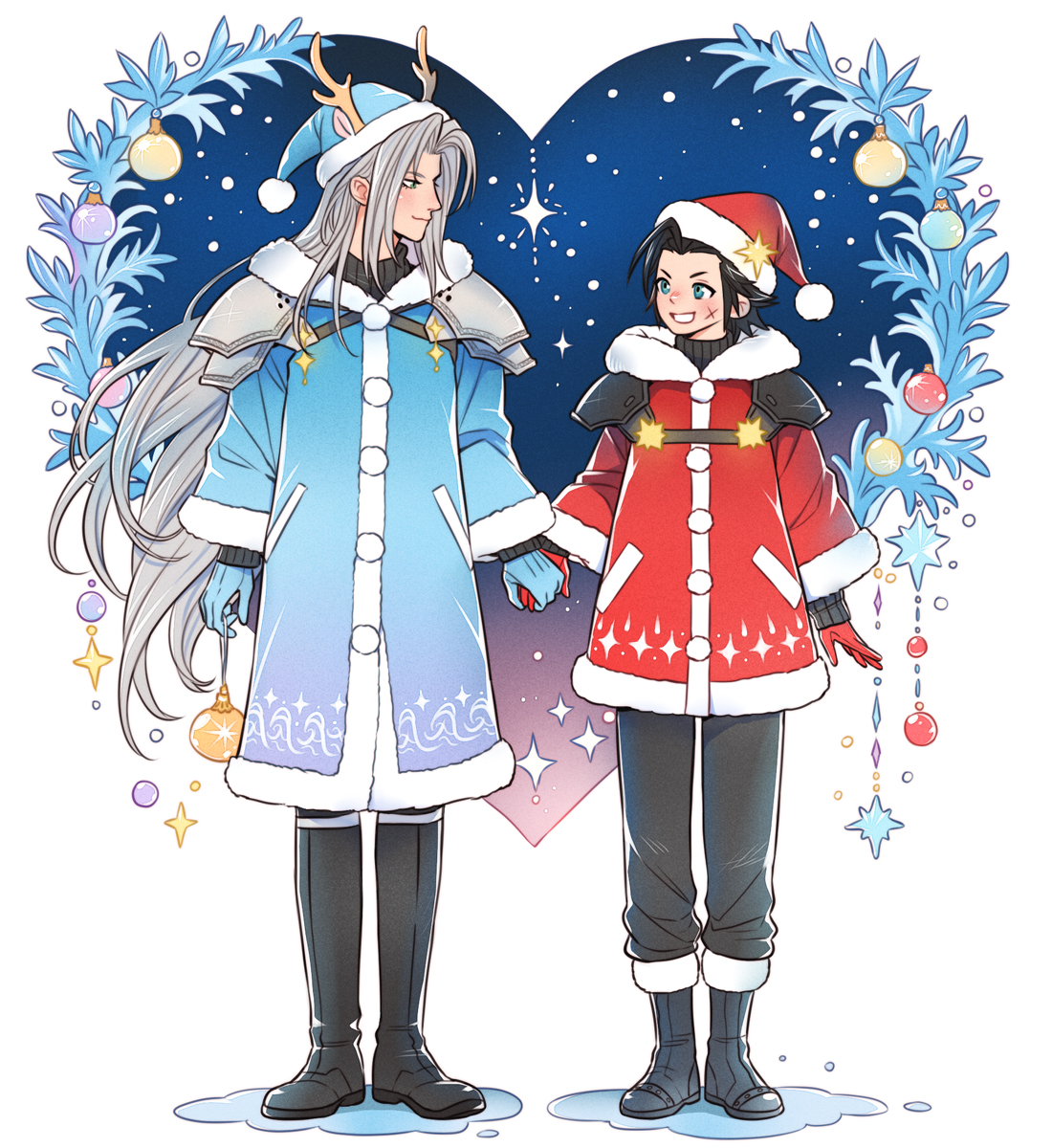 crylin6, sephiroth, zack fair, final fantasy, final fantasy vii, commentary, english commentary, highres, 2boys, alternate costume, animal ears, antlers, armor, black boots, black hair, black pants, black sweater, blue coat, blue eyes, blue gloves, blue hat, blue santa costume, boots, christmas, coat, cross scar, deer ears, fake animal ears, fake antlers, full body, fur-trimmed boots, fur-trimmed coat, fur-trimmed headwear, fur trim, gloves, grey hair, grin, hair intakes, happy, hat, heart, holding hands, holding ornament, horns, knee boots, light smile, long bangs, long coat, long hair, looking at another, male focus, medium hair, multiple boys, pants, parted bangs, pauldrons, puddle, red coat, red gloves, red hat, reindeer antlers, santa costume, santa hat, scar, scar on face, shoulder armor, smile, sparkle, star (symbol), sweater, turtleneck, turtleneck sweater, white background, yaoi