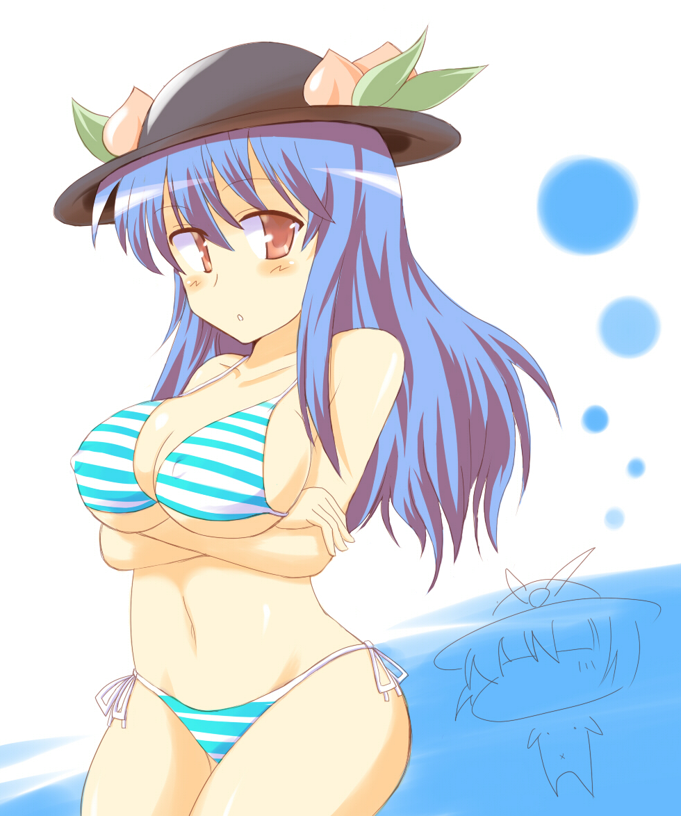 wedge (tyrl stride), hinanawi tenshi, nagae iku, touhou, bad id, bad pixiv id, 2girls, bikini, blue hair, breasts, chibi, female focus, food, fruit, hat, large breasts, multiple girls, nude, peach, red eyes, side-tie bikini bottom, sideboob, swimsuit, underboob, undersized clothes