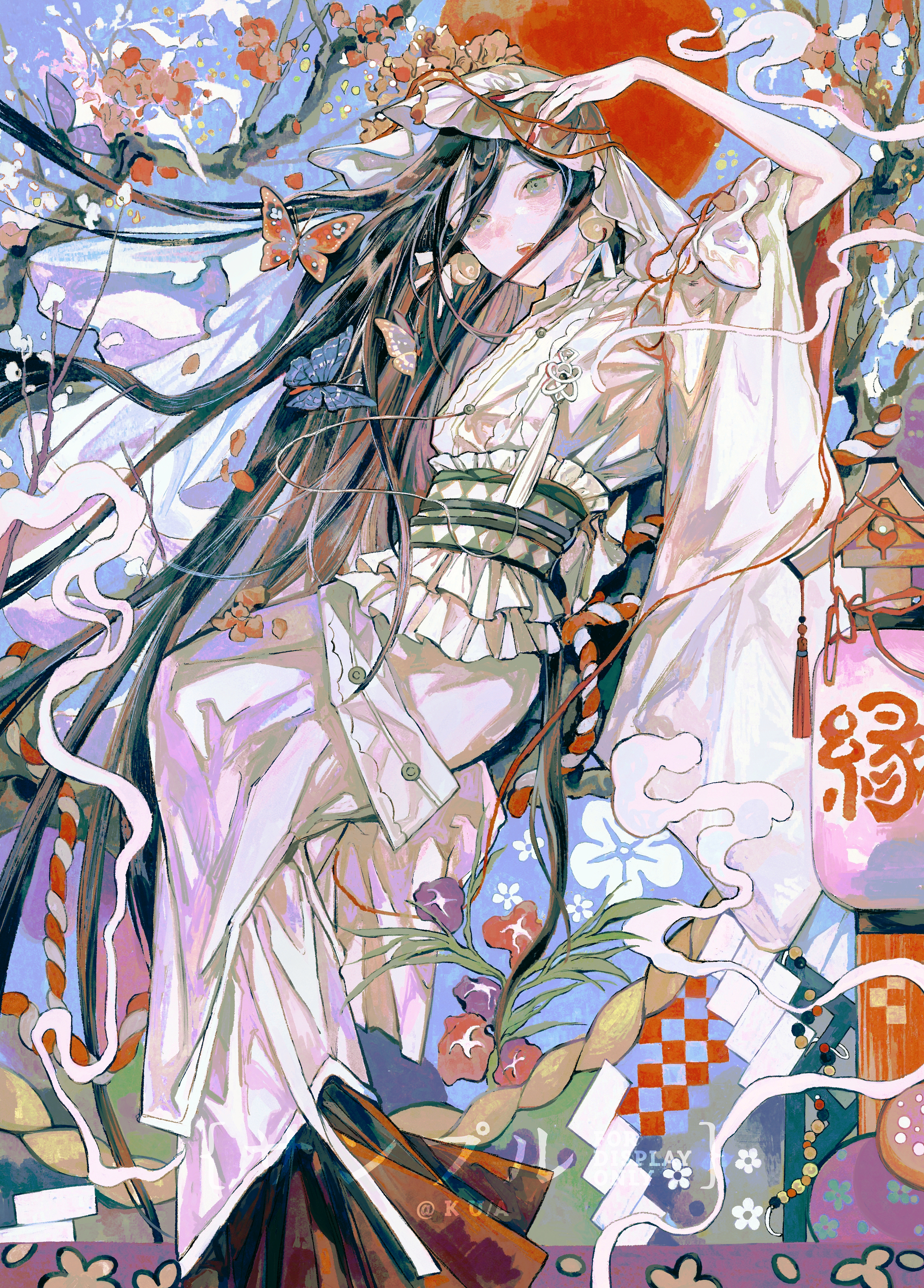 original, absurdres, artist request, commission, highres, second-party source, 1girl, absurdly long hair, arm up, bell, black hair, borrowed character, branch, bug, butterfly, earrings, flower, furisode, green eyes, insect, invisible chair, japanese clothes, jewelry, jingle bell, jingle bell earrings, kimono, knee up, lantern, long hair, open mouth, pale skin, paper lantern, red sun, sitting, smoke, sun, tassel, teeth, three-quarter sleeves, upper teeth only, veil, very long hair, white kimono, white veil, wind
