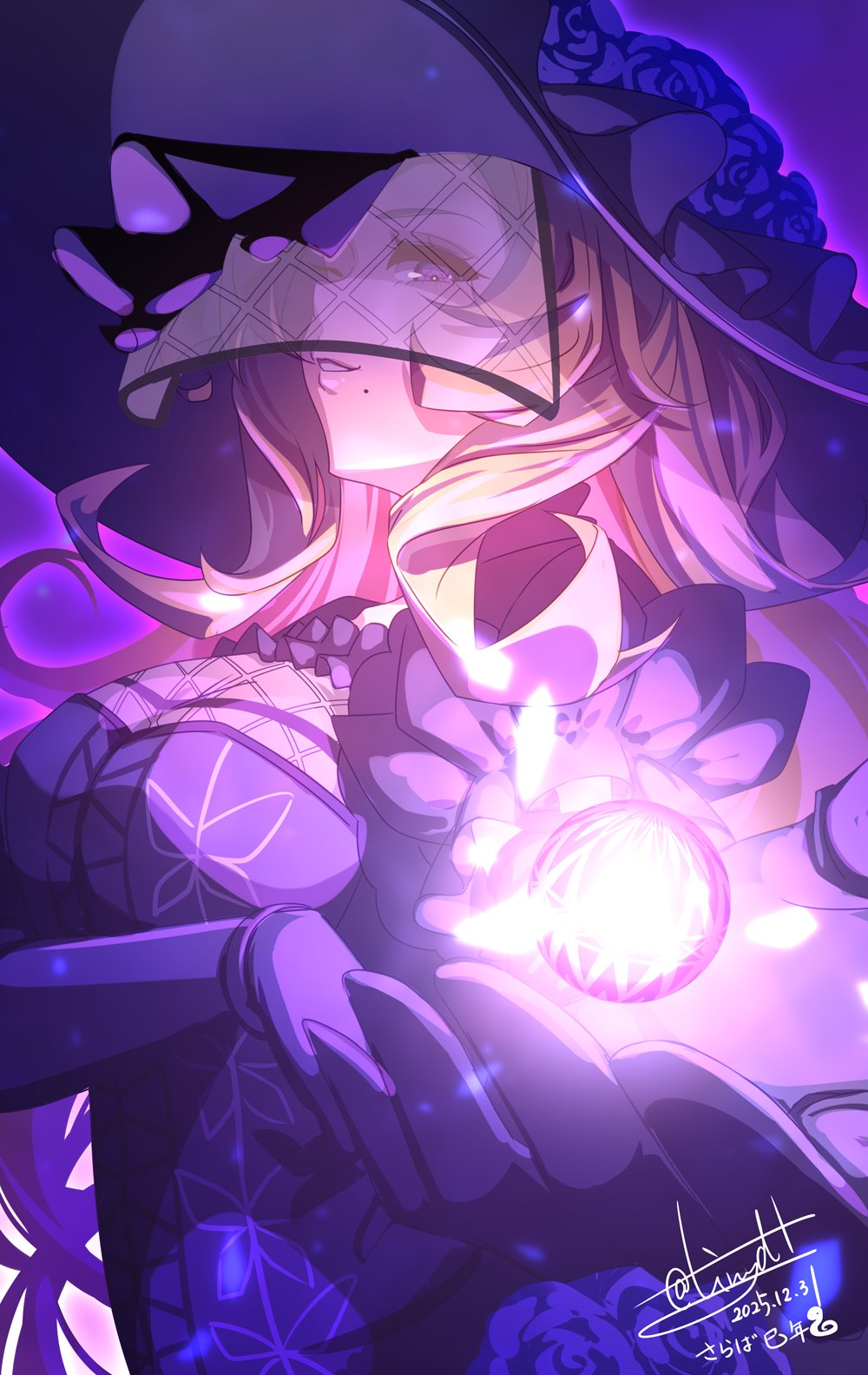 tinybiard, lucrezia isselee, eiyuu densetsu, falcom, kuro no kiseki (series), kuro no kiseki i, highres, 1girl, artist name, blonde hair, breasts, bug, butterfly, coat, flower, fur coat, hat, hat flower, insect, lips, mole, mole under mouth, pink butterfly, purple flower, purple rose, rose, simple background, veil, yellow butterfly