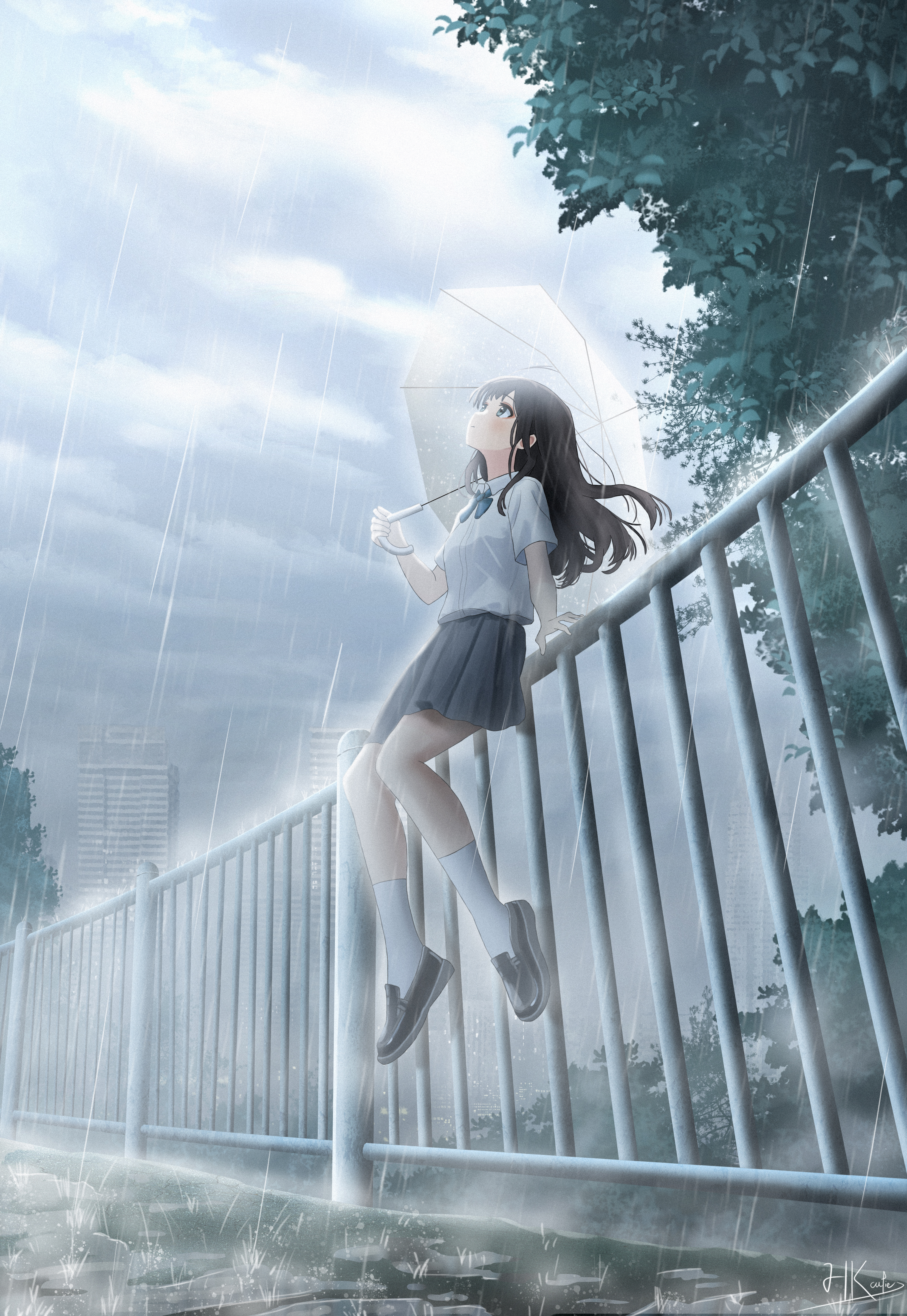 hkcutie, original, absurdres, commentary request, highres, 1girl, arm at side, black hair, black shoes, blue bow, blue bowtie, bow, bowtie, building, closed mouth, day, expressionless, film grain, full body, grey eyes, grey skirt, hand up, holding, holding umbrella, long hair, looking up, on railing, outdoors, overcast, pleated skirt, puddle, railing, rain, school uniform, shirt, shoes, short sleeves, signature, sitting, skirt, sky, skyscraper, socks, solo, transparent, transparent umbrella, tree, umbrella, water, white shirt, white socks