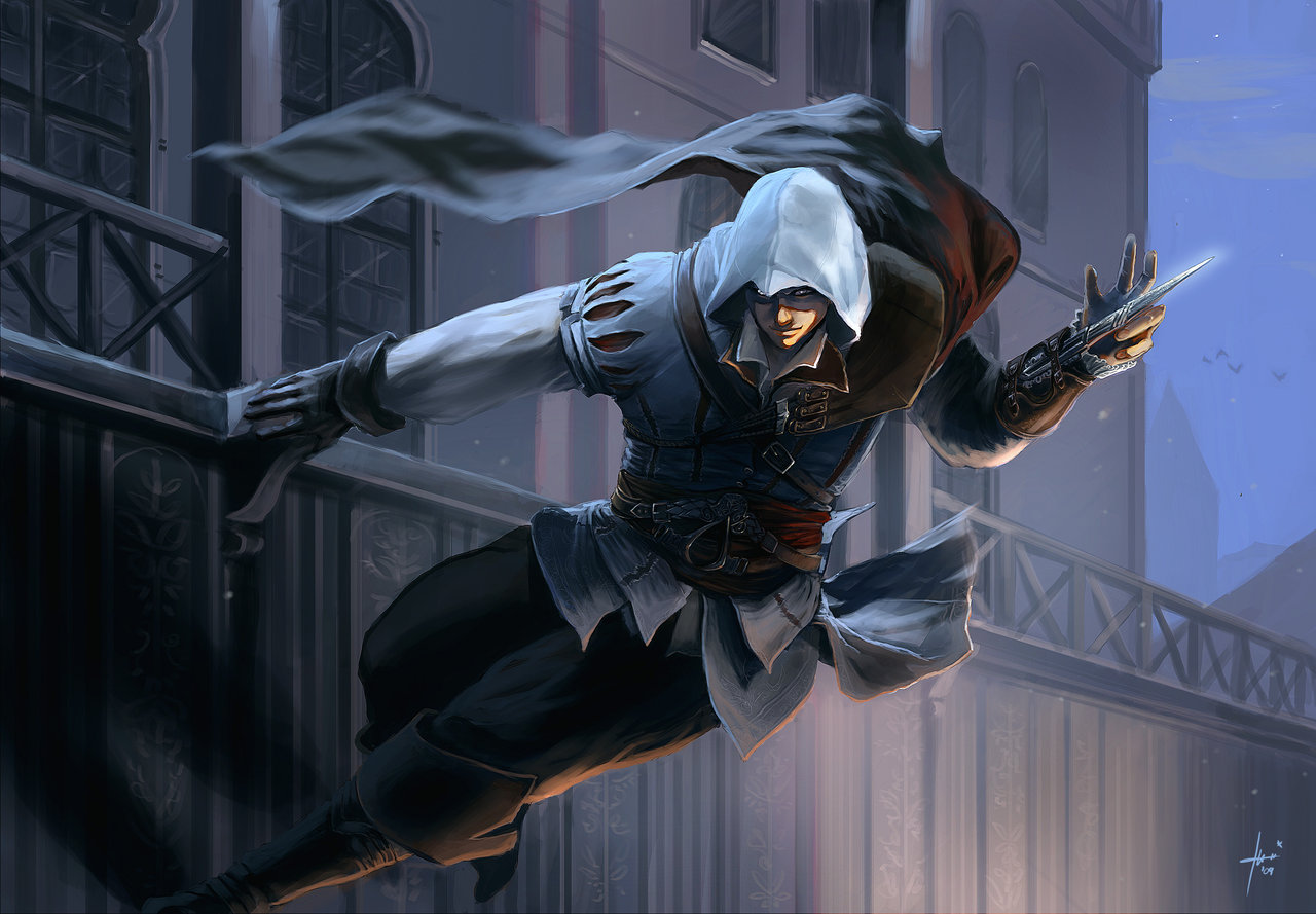 ezio auditore da firenze, assassin's creed, assassin's creed ii, blade, belt, boots, cloak, concealed weapon, gauntlets, gloves, hood, single glove, solo, wall run, weapon