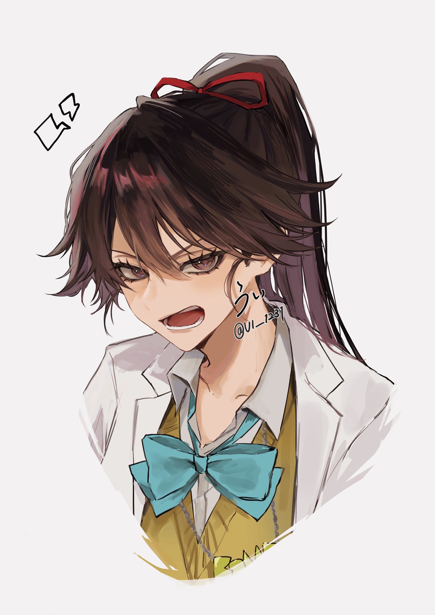 ui 1231, bambietta basterbine, bleach, bleach: sennen kessen-hen, highres, 2025, alternate hair color, artist name, bow, brown hair, collarbone, hair ornament, jacket, long hair, ponytail, portrait, quincy (bleach), sternritter, white jacket