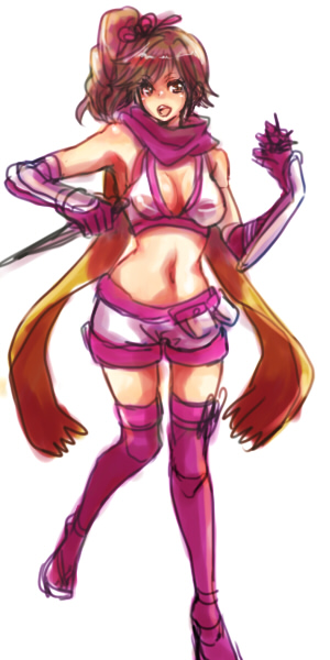 9wa, kunoichi (sengoku musou), sengoku musou, sengoku musou 3, 1girl, bikini, bikini top only, brown hair, dagger, elbow gloves, female focus, gloves, knife, long hair, midriff, navel, open mouth, ponytail, scarf, short shorts, shorts, simple background, solo, swimsuit, thighhighs, weapon, white background