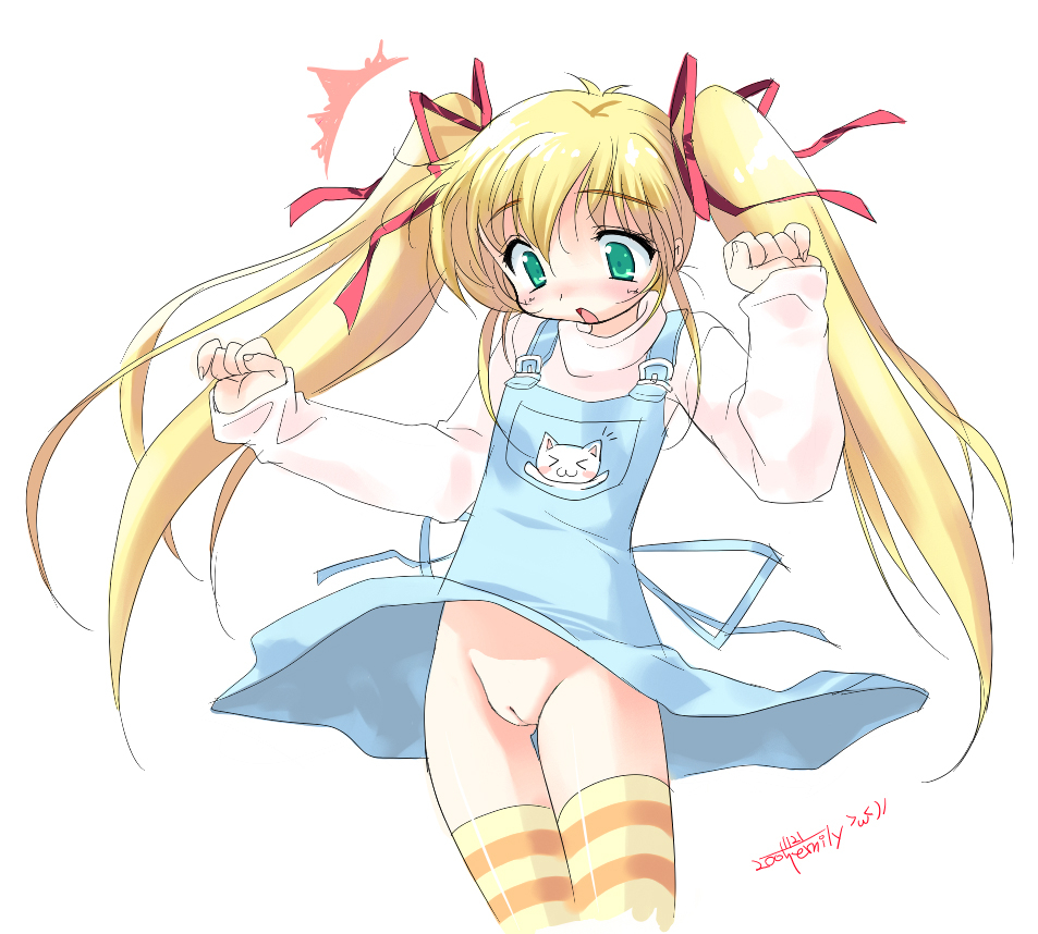 striped legwear, artist request, character request, source request, blonde hair, blush, green eyes, loli, no panties, pussy, skirt, twintails, wind, wind lift