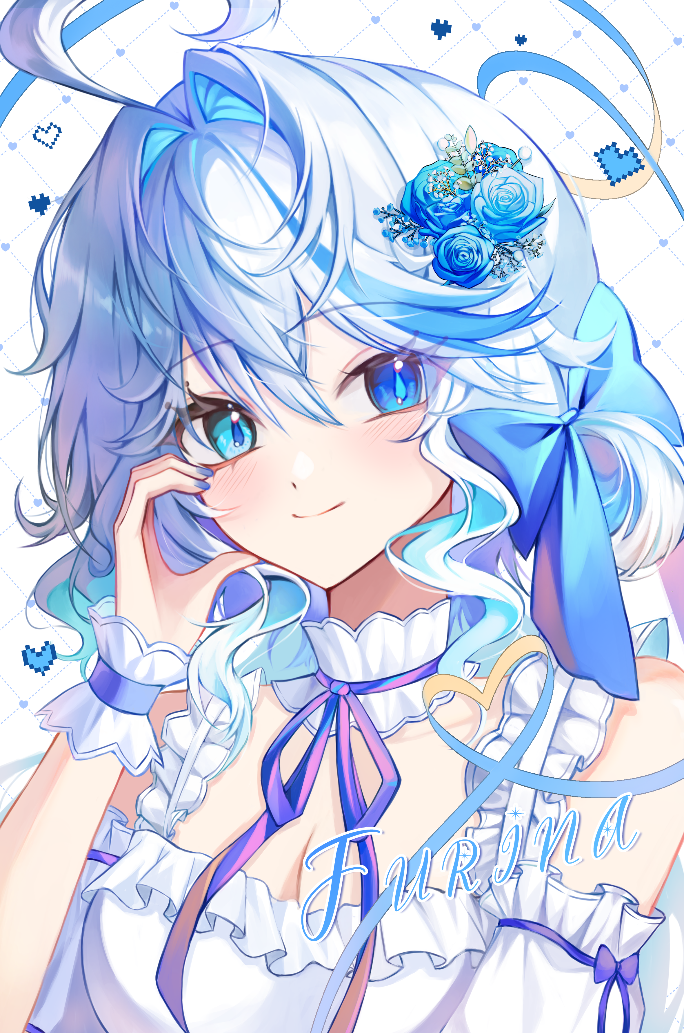 furina (genshin impact), genshin impact, absurdres, highres, 1girl, ahoge, alternate costume, bare shoulders, blue eyes, blue hair, blush, hair intakes, hand up, lee2485169, looking at viewer, medium hair, multicolored hair, no headwear, off-shoulder shirt, off shoulder, shirt, smile, solo, streaked hair, upper body, white shirt, wrist cuffs