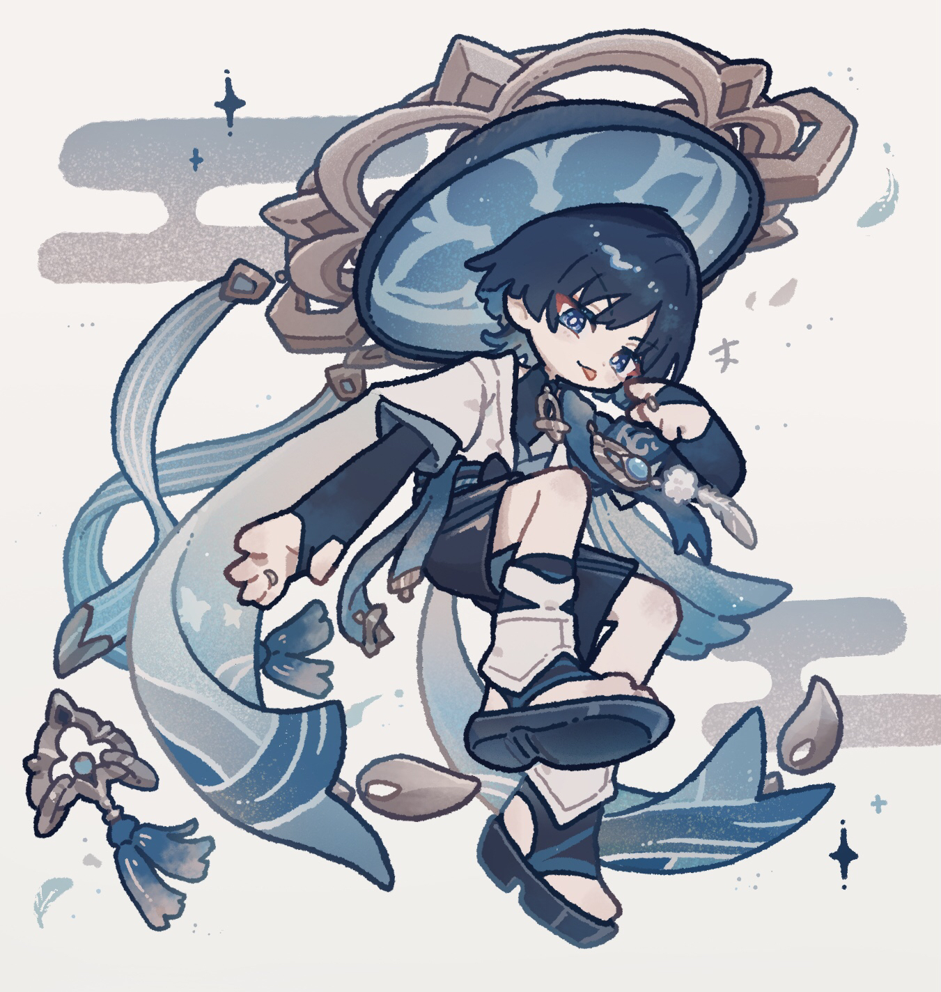 harukui, scaramouche (genshin impact), wanderer (genshin impact), genshin impact, blue gem, commentary request, highres, +++, 1boy, akanbe, animal print, arm at side, belt, bird print, black belt, black bow, black bridal gauntlets, black shorts, blue eyes, blue hat, blunt ends, bow, bridal gauntlets, bridal legwear, bright pupils, eyelid pull, eyeliner, eyeshadow, falling feathers, feathers, full body, furisode, gem, gold, gold ring, grey sleeves, hakama, hakama shorts, hand up, hat, japanese clothes, jingasa, kimono, layered sleeves, leg warmers, looking at viewer, makeup, male focus, middle ring, parted bangs, pleated shorts, pointing, pointing at self, pom pom (clothes), red eyeliner, red eyeshadow, short sleeves, shorts, solo, stirrup legwear, tassel, toeless legwear, toes, tongue, tongue out, tsurime, vision (genshin impact), white leg warmers, white pupils, white sleeves, yellow feathers