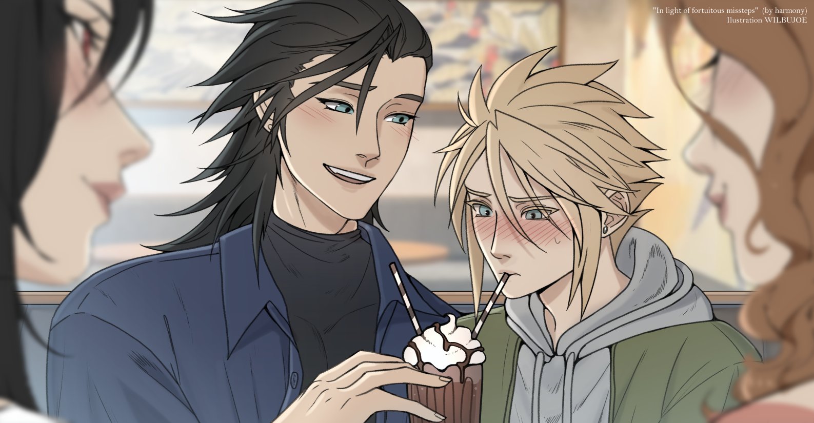 wilbujoe, aerith gainsborough, cloud strife, tifa lockhart, zack fair, final fantasy, final fantasy vii, 2boys, 2girls, artist name, black hair, black shirt, blonde hair, blue eyes, blue shirt, blurry, blurry background, blurry foreground, blush, brown hair, closed eyes, cup, earrings, furrowed brow, green jacket, grey hoodie, hair between eyes, hair slicked back, holding, holding cup, hood, hood down, hoodie, jacket, jacket over hoodie, jewelry, light blush, long hair, looking at another, multiple boys, multiple girls, open mouth, red eyes, shared drink, shirt, shirt under shirt, short hair, sideburns, single earring, smile, spiked hair, straight hair, sweatdrop, teeth, upper body, upper teeth only, wavy hair