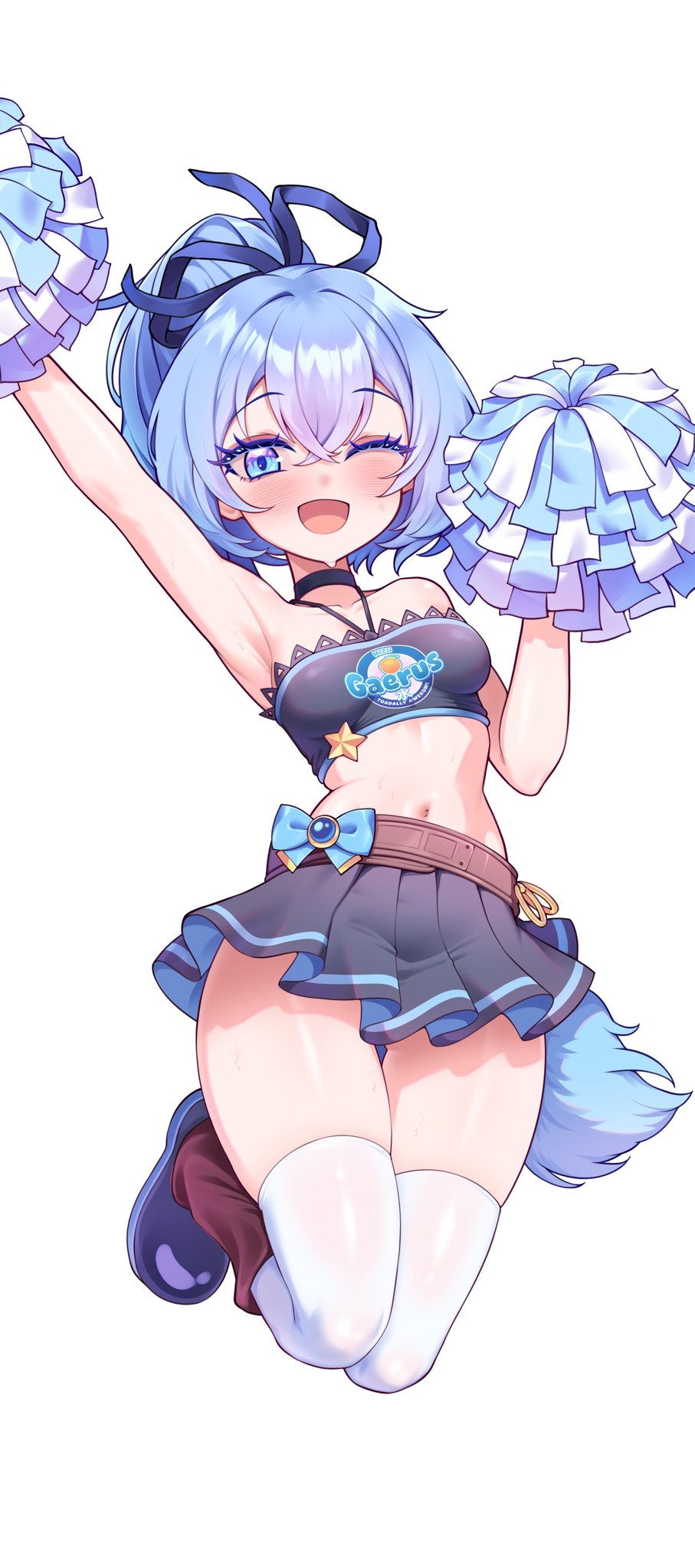 hyeonin gentora, eria (yu-gi-oh!), eria the water charmer, yu-gi-oh!, commentary request, highres, korean commentary, 1girl, :d, alternate costume, arm up, armpits, bare shoulders, blue eyes, blue hair, blush, breasts, cheerleader, clothes writing, collarbone, crop top, duel monster, full body, hair between eyes, hair ribbon, holding, holding pom poms, jumping, long hair, looking at viewer, medium breasts, navel, open mouth, pom pom (cheerleading), pom poms, ribbon, shoes, sidelocks, simple background, skirt, sleeveless, smile, sneakers, solo, stomach, thighhighs, white background, white skirt, white thighhighs, wristband, zettai ryouiki