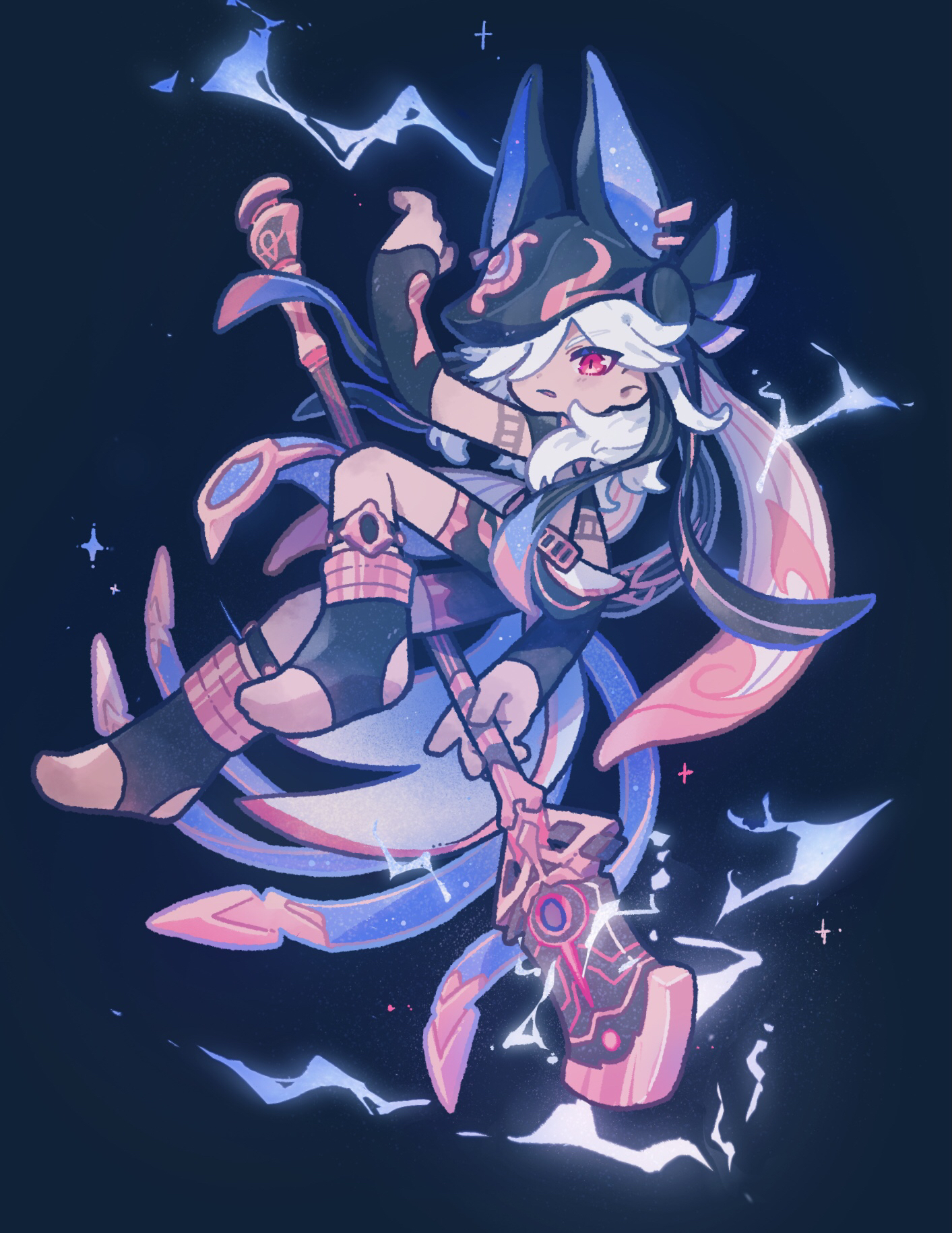 harukui, cyno (genshin impact), genshin impact, commentary request, highres, 1boy, animal ear helmet, animal helmet, black boots, black gloves, black shorts, blue background, boots, dark-skinned male, dark skin, full body, gloves, hair over one eye, long hair, looking at viewer, male focus, parted lips, red eyes, shorts, simple background, solo, staff, stirrup footwear, white hair