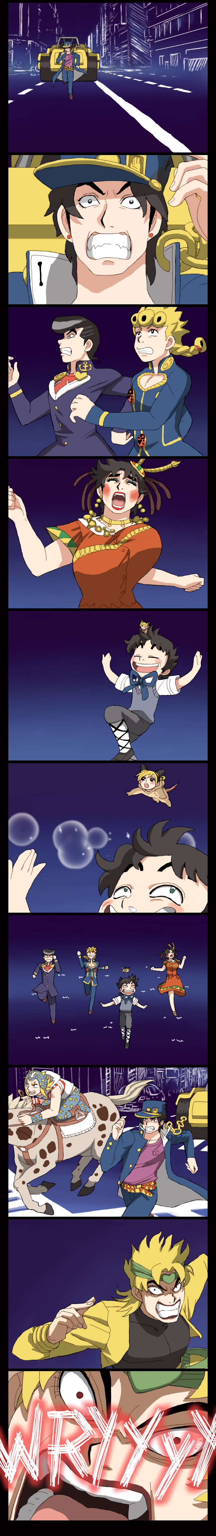 emlan, dio brando, giorno giovanna, higashikata josuke, johnny joestar, jonathan joestar, joseph joestar, joseph joestar (tequila), joseph joestar (young), kuujou jolyne, kuujou joutarou, air master, jojo no kimyou na bouken, steel ball run, vento aureo, absurdres, highres, long image, tall image, 1girl, 6+boys, angry, black hair, blonde hair, blush, blush stickers, breasts, comic, crossdressing, double bun, fleeing, gakuran, hair bun, happy, hat, heart, horse, jewelry, large breasts, long coat, meme, multicolored hair, multiple boys, parody, pompadour, running, scared, school uniform, silent comic, smile, steamroller, two-tone hair, wryyyyyyyyyyyyyyyyyyyy
