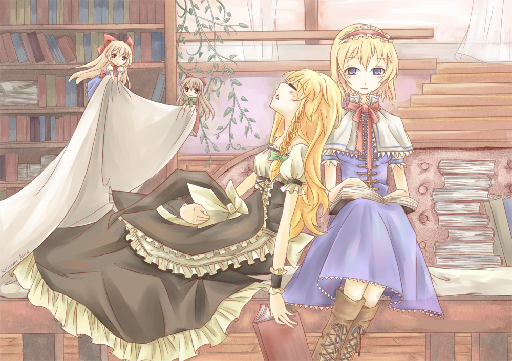 vetina, alice margatroid, hourai doll, kirisame marisa, shanghai doll, touhou, 2girls, blanket, blonde hair, blue eyes, book, bookshelf, boots, braid, closed eyes, covering with blanket, doll, female focus, frills, hairband, hat, holding, holding unworn clothes, holding unworn hat, knee boots, lace-up boots, long hair, multiple girls, open book, reading, short hair, sleeping, unworn hat, unworn headwear, witch, witch hat