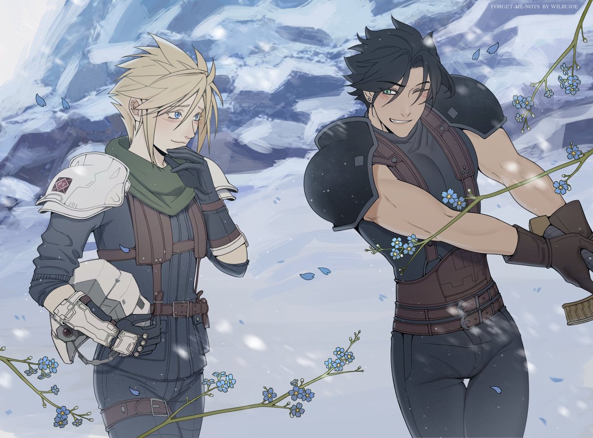 wilbujoe, cloud strife, zack fair, crisis core: final fantasy vii, final fantasy, final fantasy vii, 2boys, armor, artist name, belt, black gloves, black hair, black pants, black shirt, blonde hair, blue eyes, blue flower, blue petals, brown belt, brown gloves, cowboy shot, earrings, falling petals, flower, forget-me-not (flower), gloves, green scarf, grin, hair between eyes, helmet, holding, holding sword, holding unworn helmet, holding weapon, jewelry, looking at another, male focus, multiple belts, multiple boys, one eye closed, outdoors, pants, parted bangs, pauldrons, petals, scarf, shinra infantry uniform, shirt, short hair, shoulder armor, smile, snow, spiked hair, suspenders, swinging weapon, sword, unworn headwear, unworn helmet, weapon, winter