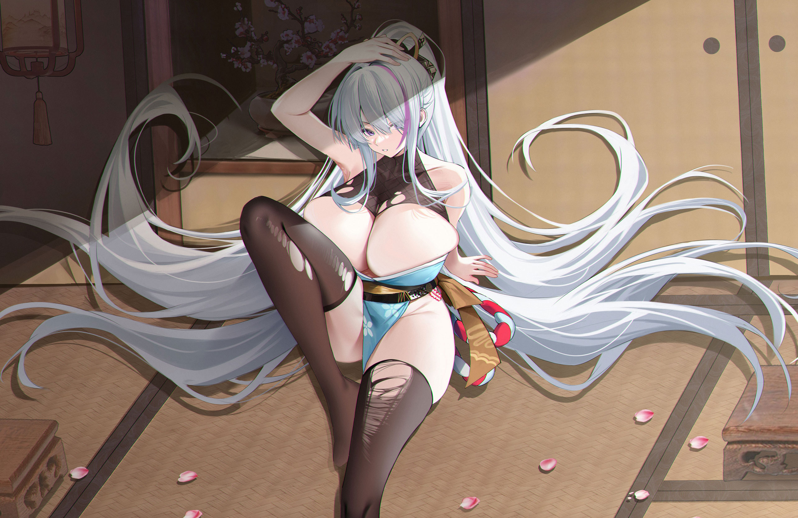akipopopopoon, unzen (arcane ninja knowledge) (azur lane), unzen (azur lane), azur lane, highres, paid reward available, 1girl, black thighhighs, blue dress, breasts, cleavage, dress, huge breasts, indoors, knee up, long hair, multicolored hair, official alternate costume, parted lips, petals, ponytail, purple eyes, purple hair, sitting, solo, streaked hair, tatami, thighhighs, torn clothes, torn thighhighs, very long hair, white hair