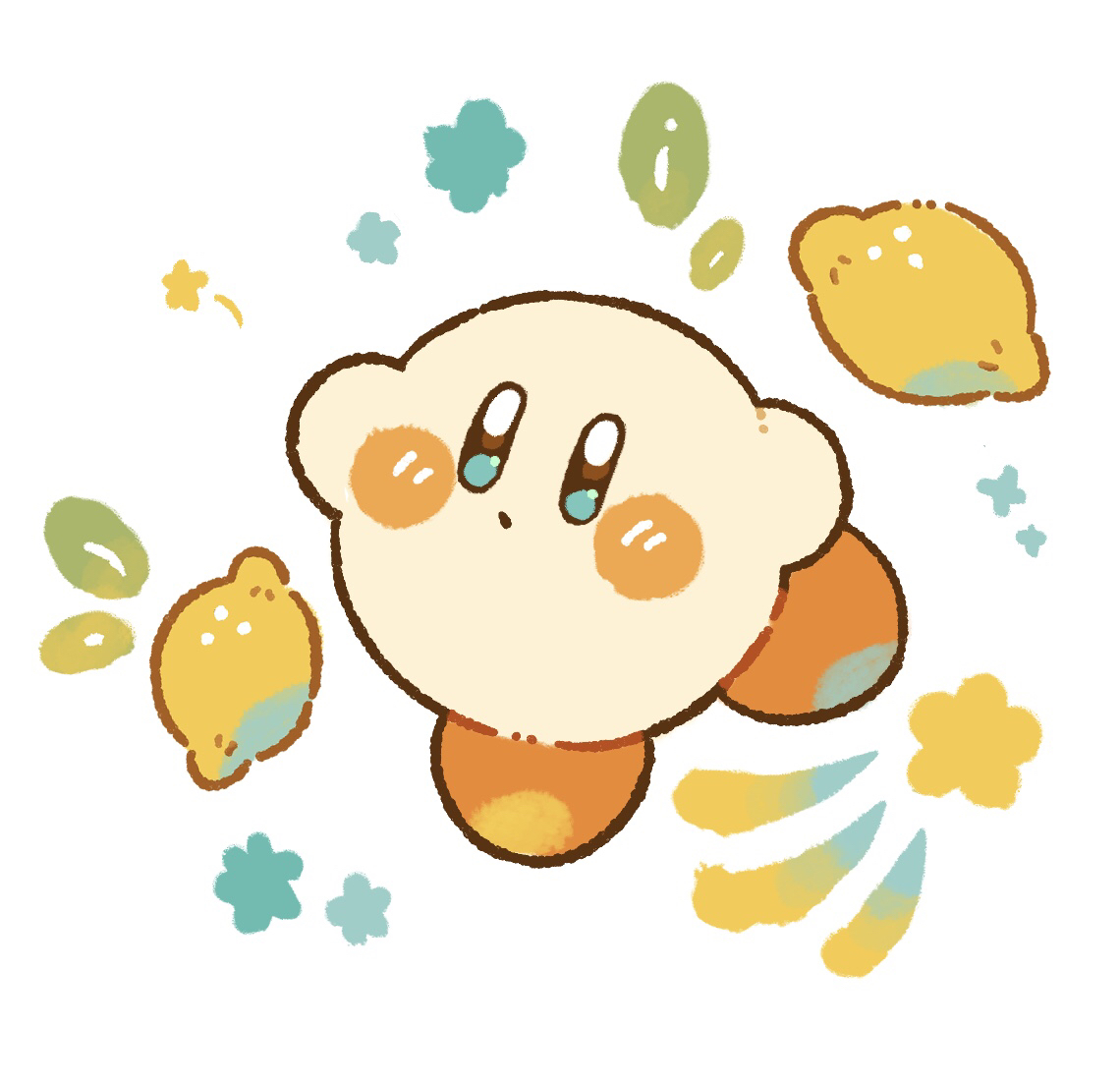 harukui, kirby, kirby (series), nintendo, commentary request, blush stickers, closed mouth, food, fruit, full body, green eyes, lemon, no humans, simple background, solo, star (symbol), white background