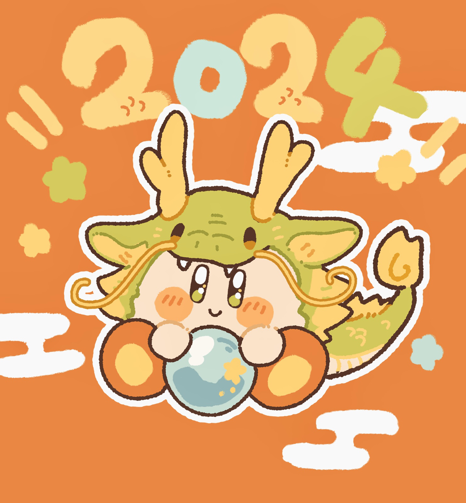 harukui, kirby, kirby (series), nintendo, commentary request, highres, 2024, animal costume, blush stickers, chinese zodiac, closed mouth, dragon costume, full body, green eyes, looking at viewer, new year, no humans, orange background, outline, sitting, smile, solo, star (symbol), white outline, year of the dragon