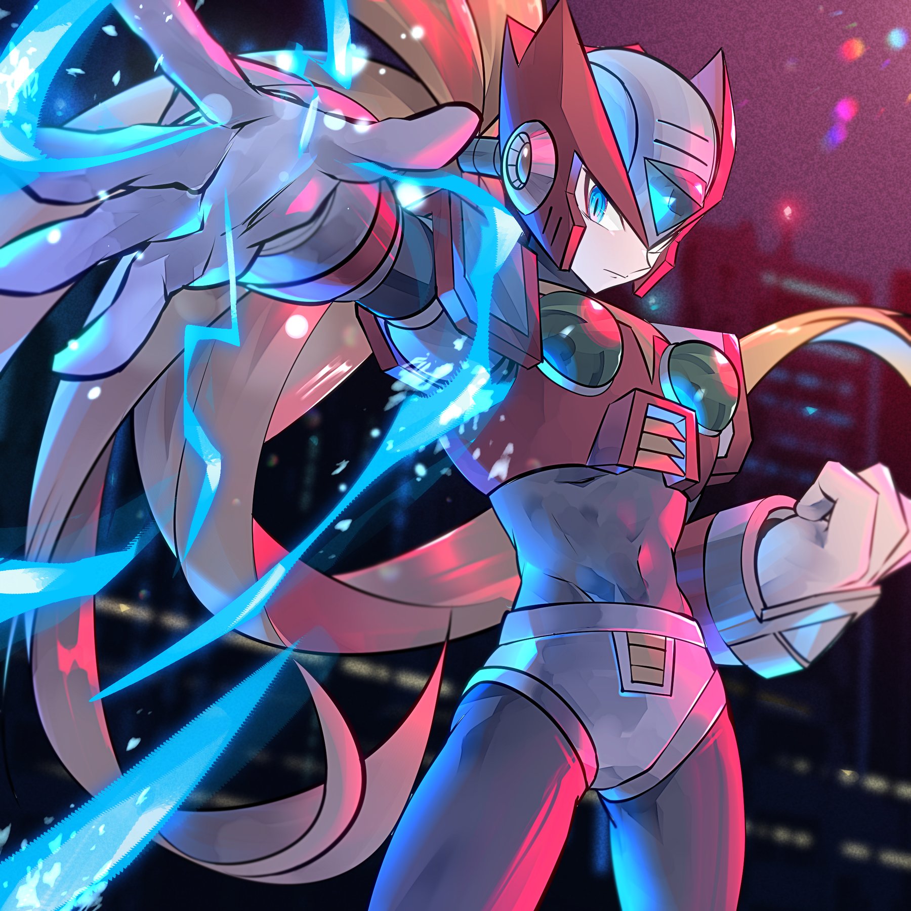 magatatara, zero (mega man), mega man (series), mega man x (series), highres, 1boy, android, armor, blonde hair, blue eyes, chest jewel, closed mouth, cowboy shot, electricity, forehead jewel, helmet, long hair, male focus, red armor, red helmet, solo