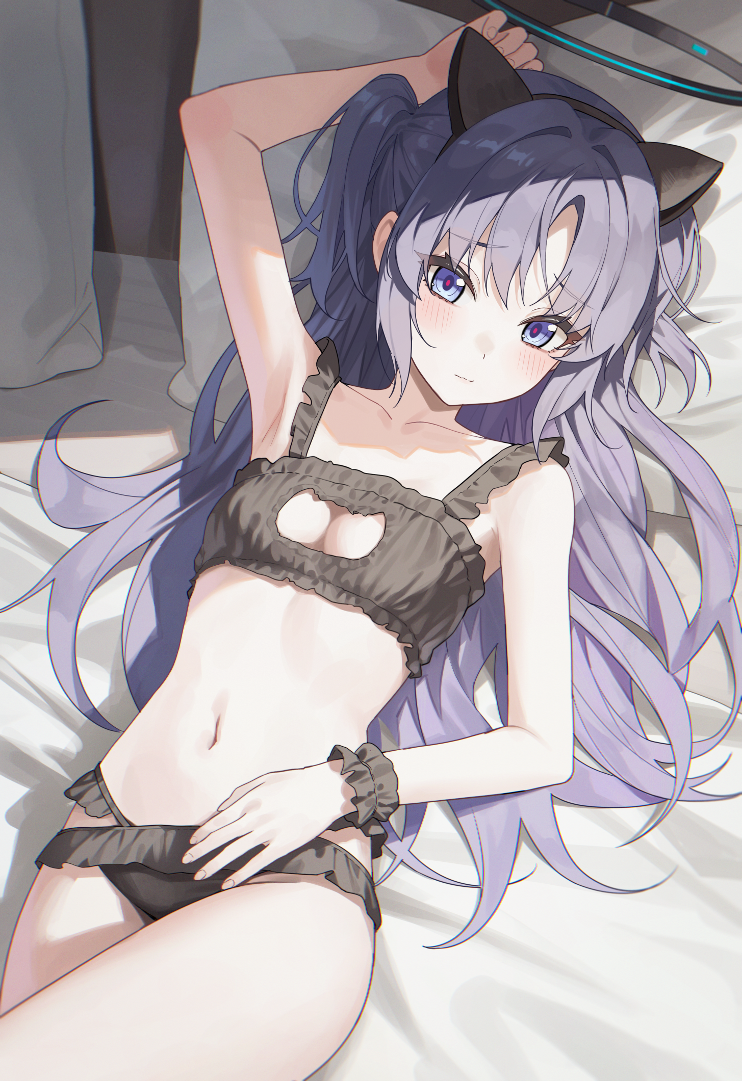 suumon, yuuka (blue archive), blue archive, commentary request, highres, 1girl, animal ear hairband, animal ears, black bra, black panties, blue eyes, blush, bra, breasts, cat cutout, cat ear hairband, cat ears, cat lingerie, cleavage, clothing cutout, collarbone, fake animal ears, hairband, head on pillow, looking at viewer, lying, on back, on bed, panties, pillow, purple hair, solo, two side up, underwear