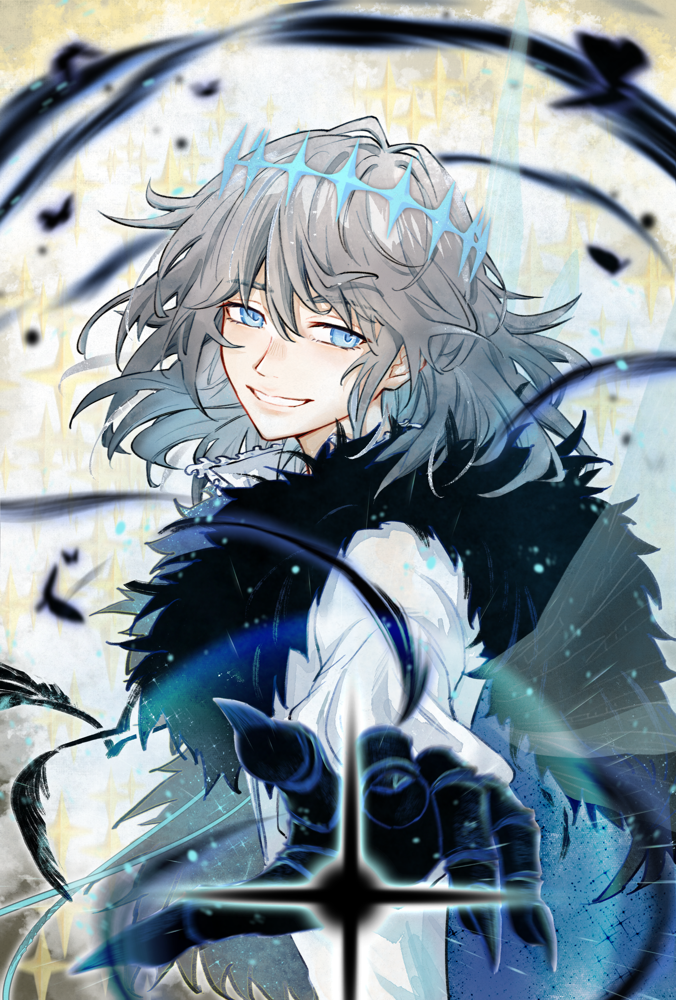 luode, oberon (fate), oberon (third ascension) (fate), fate/grand order, fate (series), absurdres, highres, 1boy, black claws, blue eyes, crown, fur collar, grey hair, insect wings, male focus, medium hair, wings