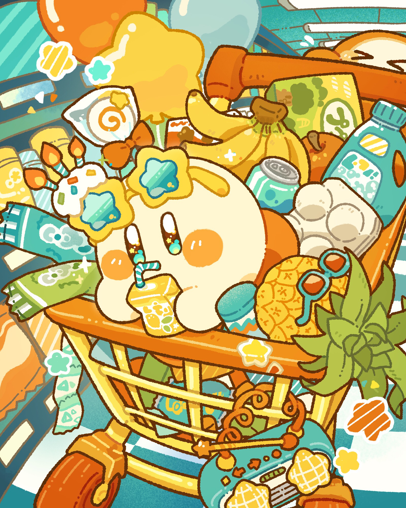 harukui, kirby, waddle dee, kirby (series), nintendo, commentary request, highres, > <, apple, balloon, banana, black eyes, blush stickers, bright pupils, candy, drink, eyewear on head, food, food packaging, fruit, groceries, indoors, invincible candy, no humans, pineapple, shopping cart, star-shaped eyewear, star (symbol), white pupils