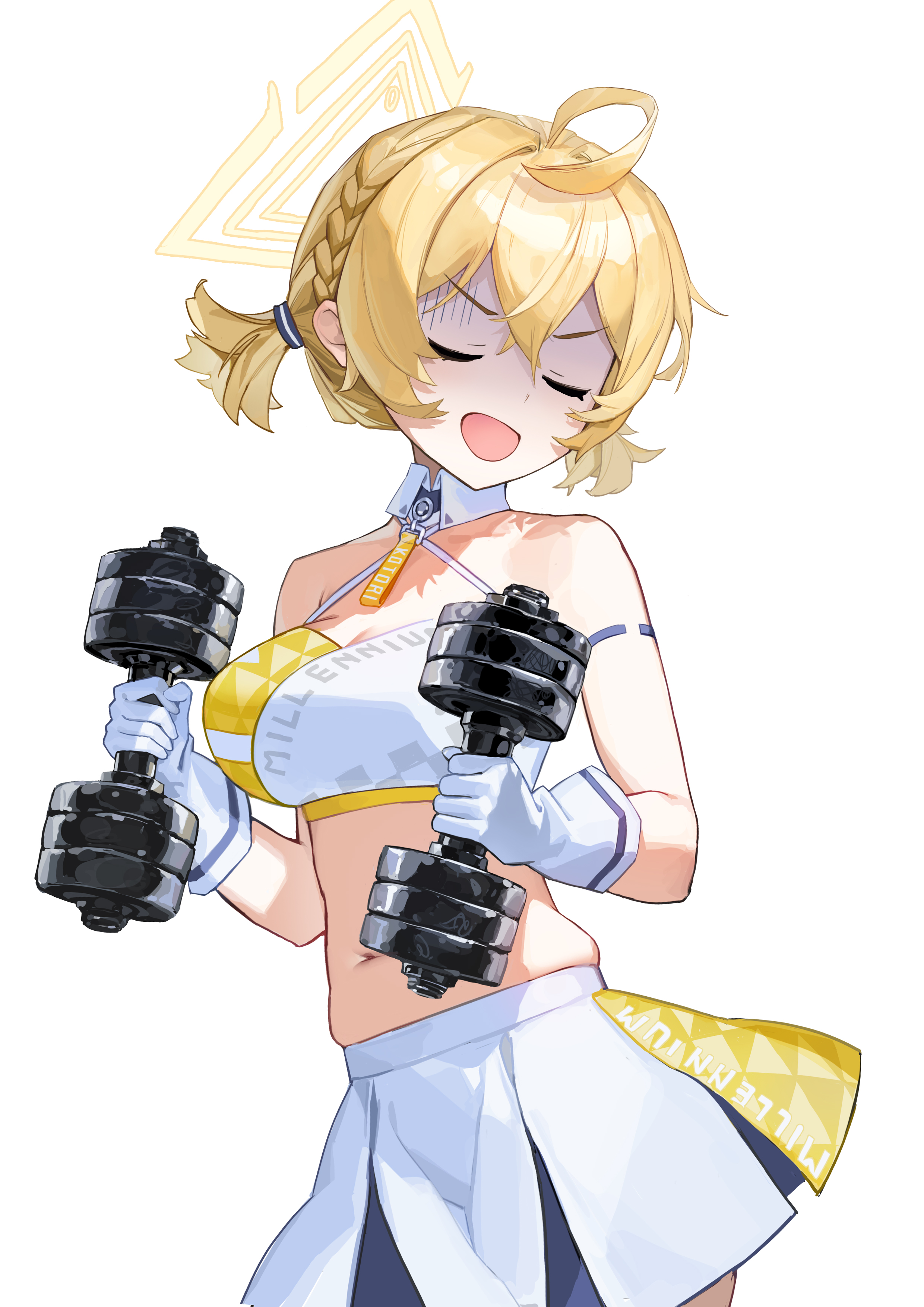 kotori (blue archive), kotori (cheer squad) (blue archive), blue archive, 1girl, antenna hair, blonde hair, blush, braid, breasts, cheerleader, closed eyes, detached collar, dumbbell, gloves, han sao, large breasts, miniskirt, navel, simple background, skirt, solo, sports bra, white background, white gloves