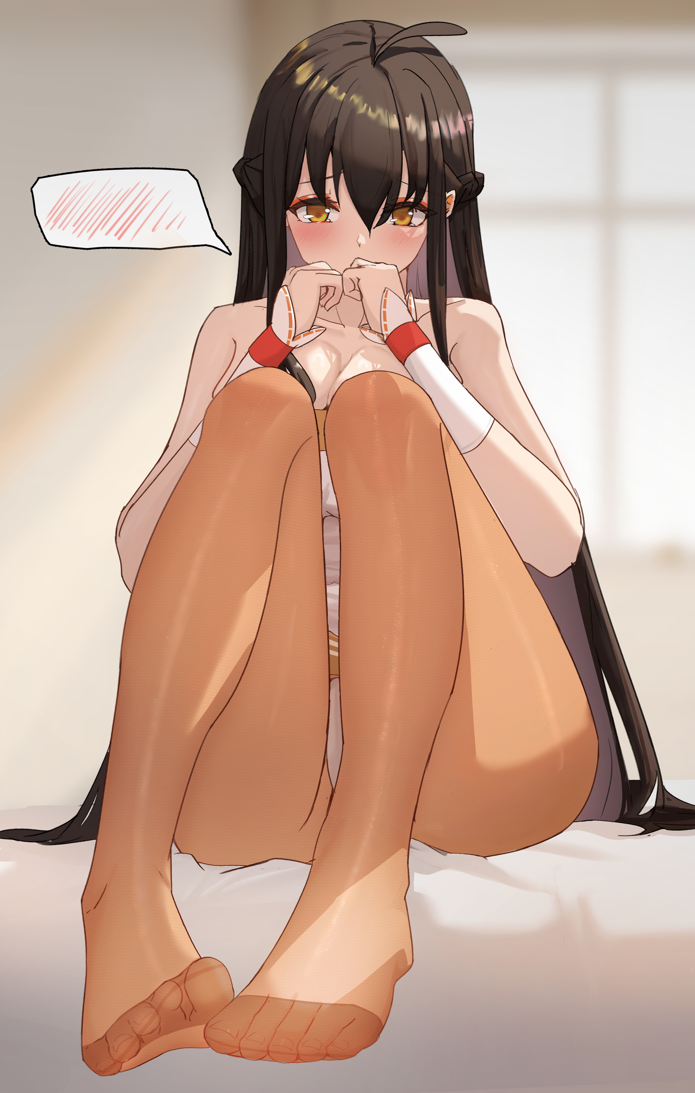 kirin (artist), ara haan, elsword, absurdres, highres, 1girl, black hair, blush, feet, long hair, looking at viewer, pantyhose, toes, yellow eyes