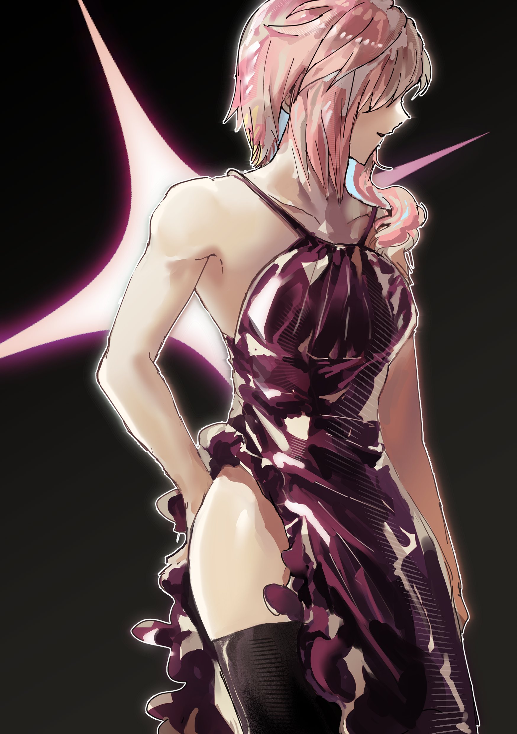 ry mangdung, lightning farron, final fantasy, final fantasy xiii, absurdres, highres, 1girl, alternate costume, arm behind back, bare shoulders, black thighhighs, breasts, cowboy shot, dress, frilled dress, frills, hair over eyes, hair over one eye, long dress, long hair, medium breasts, pink hair, purple dress, side slit, sleeveless, sleeveless dress, solo, thighhighs, thighs