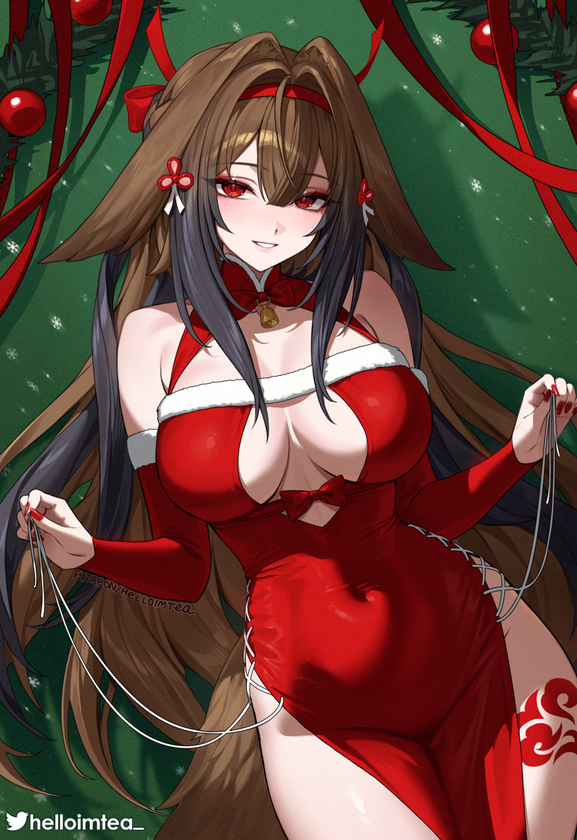 helloimtea, ye shunguang, zenless zone zero, commentary, highres, mixed-language commentary, paid reward available, 1girl, animal ears, bare shoulders, breasts, brown hair, christmas, cleavage, covered navel, detached sleeves, dress, fox ears, fox girl, fox tail, hair intakes, hairband, looking at viewer, red dress, red eyes, red hairband, smile, solo, tail