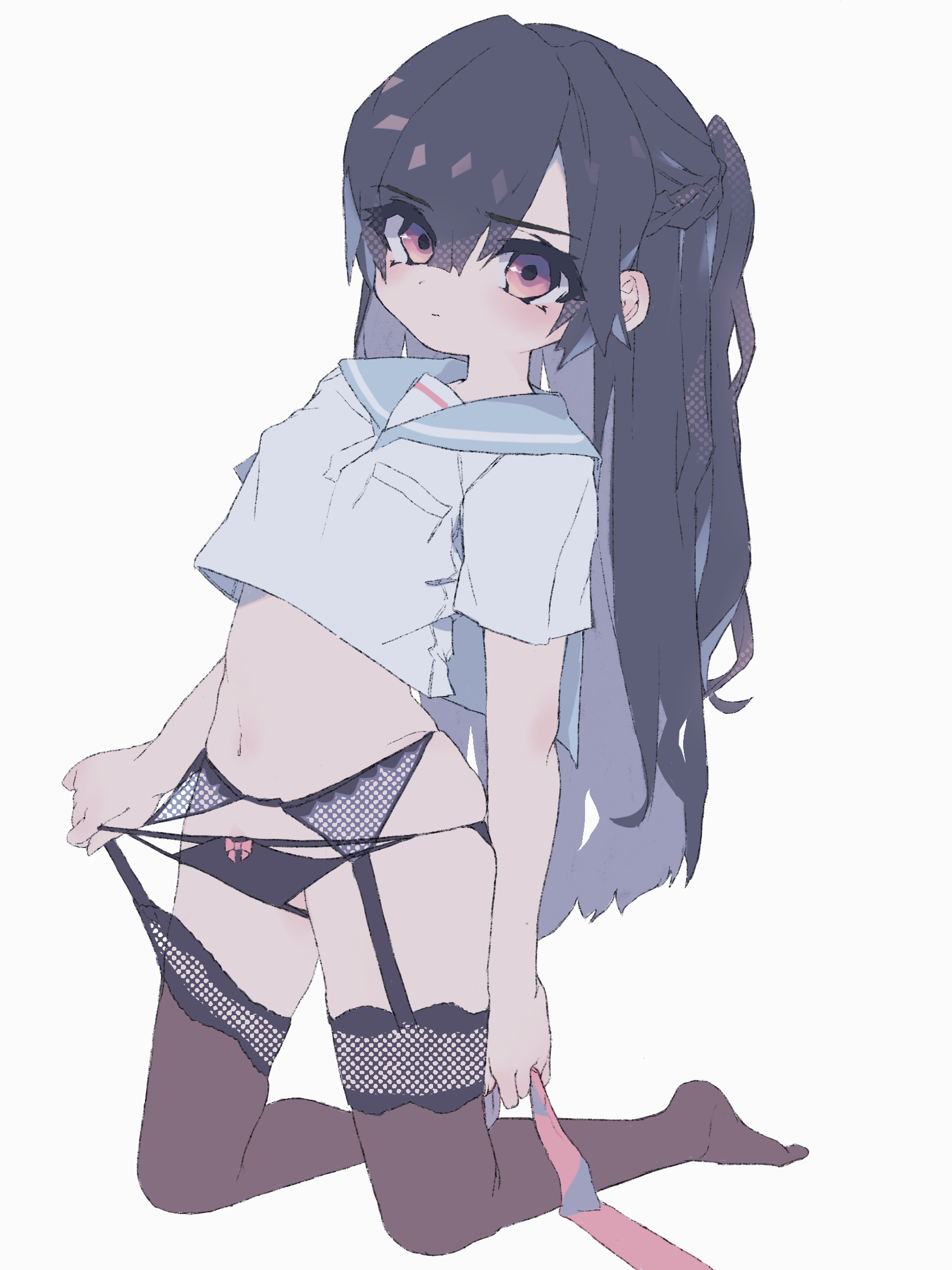 okubatomaeba, original, commentary request, highres, 1girl, black hair, black panties, black thighhighs, blue sailor collar, bow, bow panties, braid, closed mouth, cropped shirt, full body, garter belt, grey shirt, kneeling, long hair, looking at viewer, navel, panties, panty tug, parted bangs, petite, pink eyes, sailor collar, shirt, short sleeves, simple background, solo, stomach, thighhighs, underwear, white background