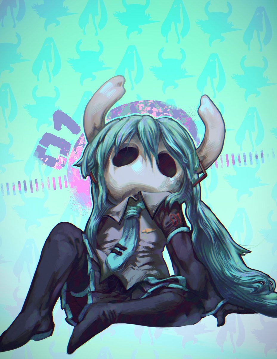 mememellowa, hatsune miku, knight (hollow knight), hollow knight, vocaloid, highres, 1other, aqua hair, aqua necktie, arm support, black eyes, black skin, black skirt, collared shirt, colored skin, cosplay, grey shirt, hatsune miku (cosplay), hollow eyes, horned mask, horns, long hair, looking up, mask, necktie, shirt, short sleeves, sitting, skirt, solo, thighhighs, twintails, white mask
