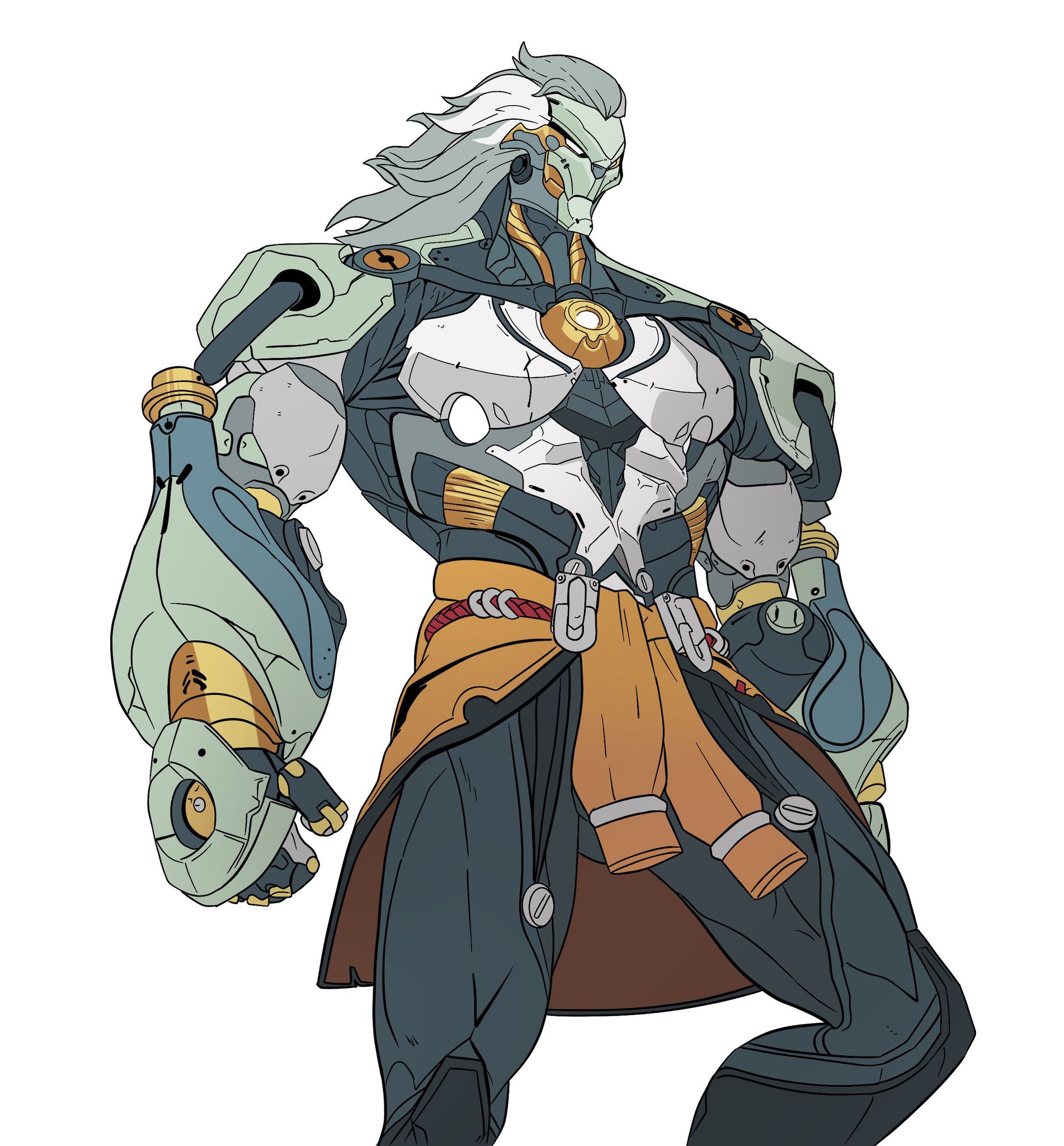 banyue (zenless zone zero), zenless zone zero, commentary, english commentary, highres, 1boy, artificial eye, clothed robot, clothes around waist, cowboy shot, grey hair, humanoid robot, male focus, mechanical eye, mechanical hands, metal skin, robot, robot boy, simple background, sleepy art0, solo, white background