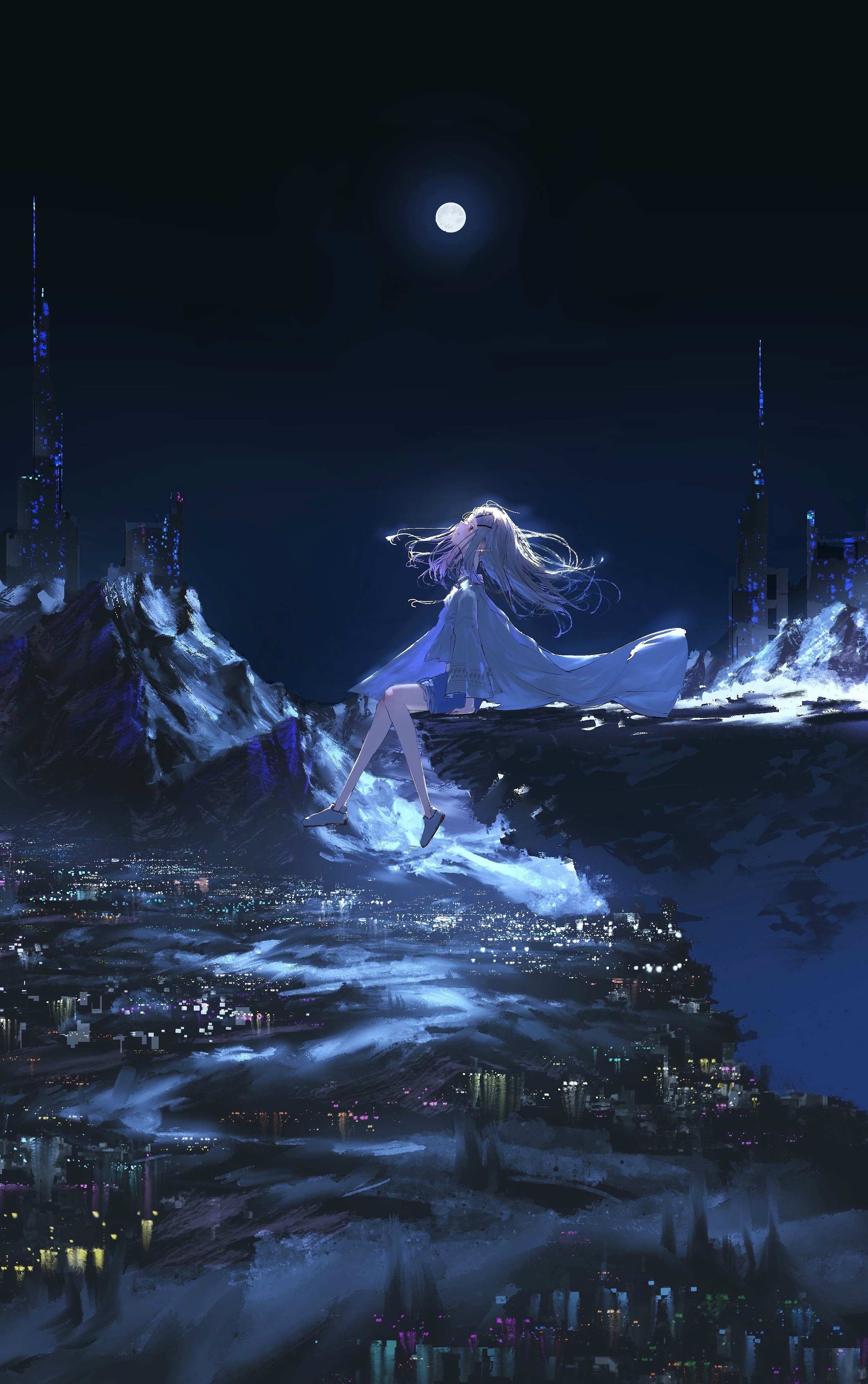 dnamaguro, shinosawa hiro, gakuen idolmaster, idolmaster, absurdres, hashtag-only commentary, highres, 1girl, black sky, blue shorts, city lights, cityscape, cliff, denim, denim shorts, earrings, floating hair, foot dangle, from side, full moon, gradient sky, grey robe, jewelry, landscape, looking up, moon, moonlight, mountain, mountainous horizon, night, open clothes, open robe, outdoors, profile, robe, scenery, shoes, shorts, sidelighting, sitting, sky, solo, white shoes, wide shot, wind, wind lift