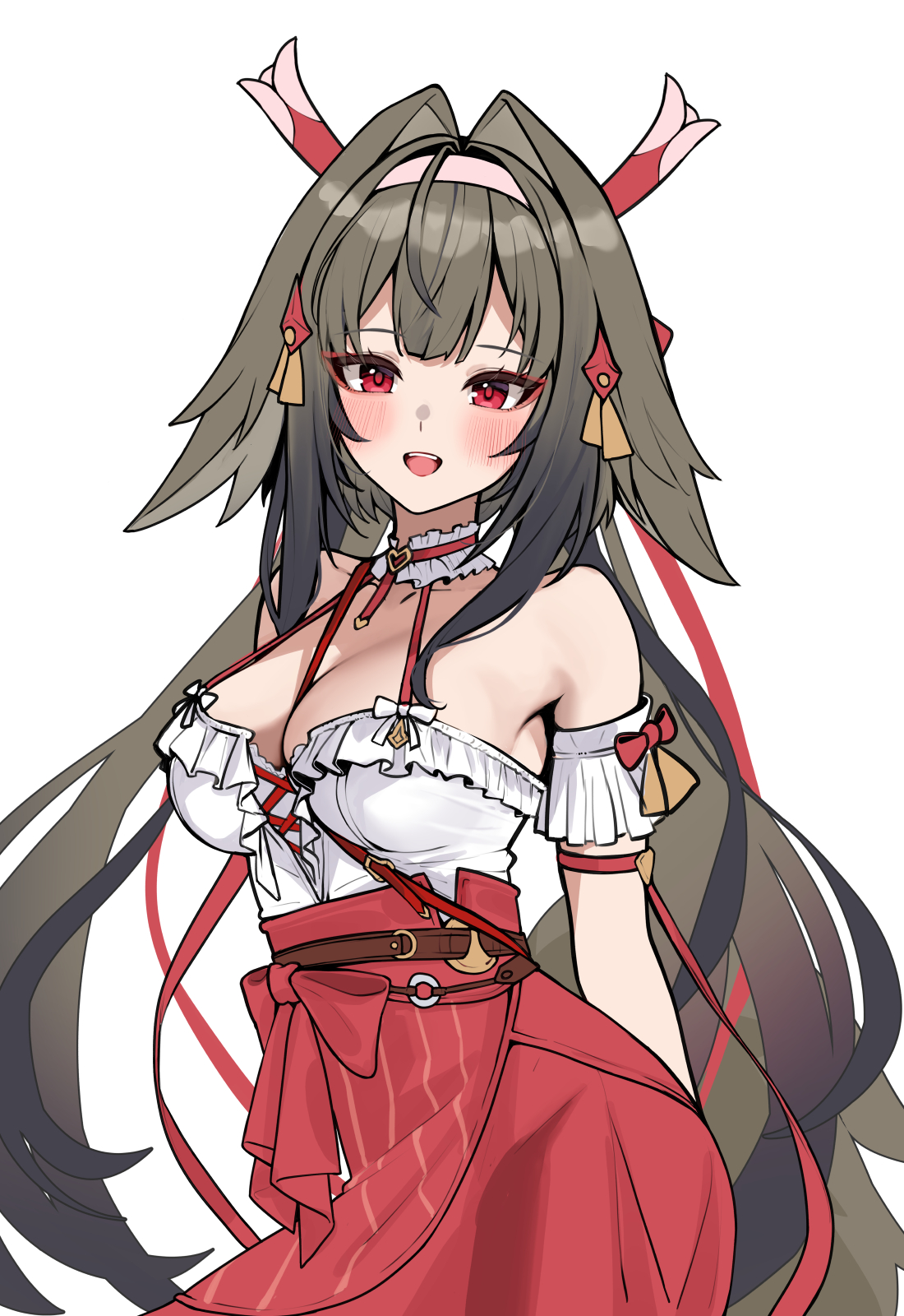 matrix16, ye shunguang, ye shunguang (touch of dawnlight), zenless zone zero, commentary request, highres, 1girl, animal ears, armband, bare shoulders, blush, bow, breasts, brown hair, cleavage, collar, collarbone, cross-laced clothes, cross-laced top, droopy ears, eyeliner, frilled armband, frilled collar, frilled shirt, frills, hair ornament, headband, high-waist skirt, large breasts, long hair, long skirt, looking at viewer, makeup, multicolored hair, official alternate costume, open mouth, red eyeliner, red eyes, red ribbon, ribbon, shirt, simple background, skirt, smile, streaked hair, tail, very long hair, white armband, white shirt